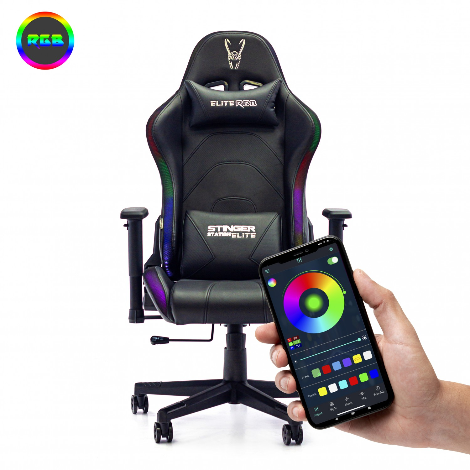 Silla gaming con luces RGB, un smartphone controla el color, con logo.