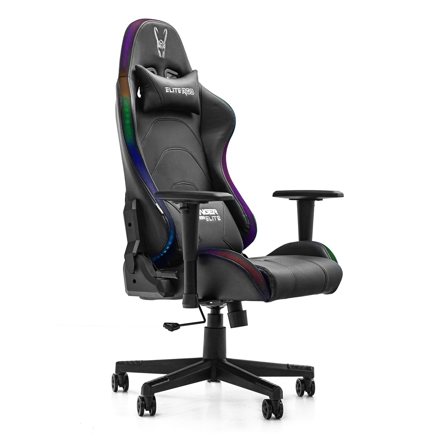 Silla gaming negra con LED arcoíris, reposacabezas, apoyabrazos y base de cinco ruedas.