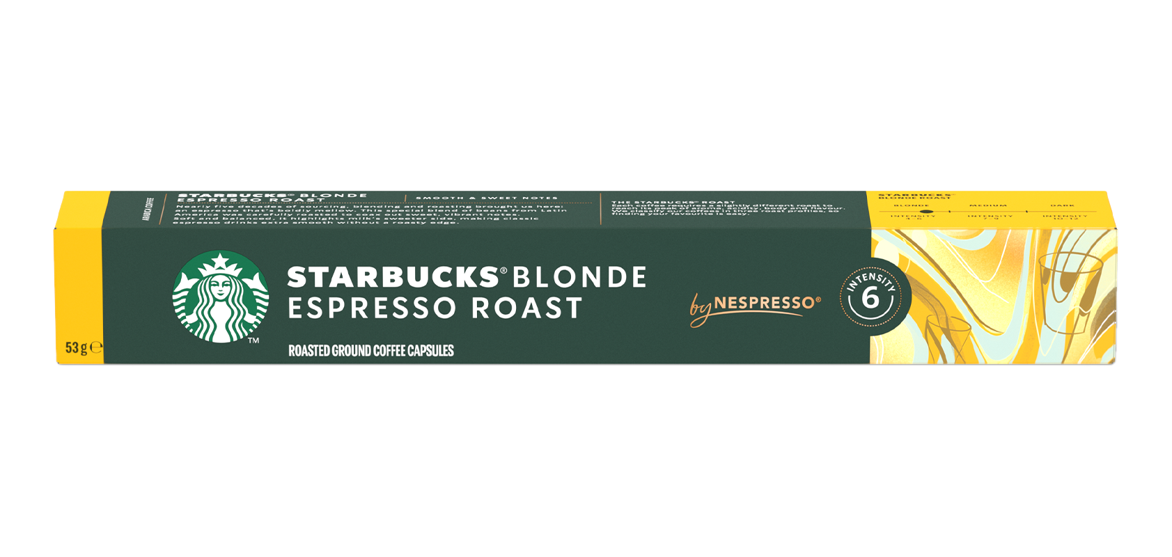 Boîte de capsules de café Starbucks. Couleurs vertes et jaunes. Texte: Starbucks Blonde Espresso Roast. Nespresso.