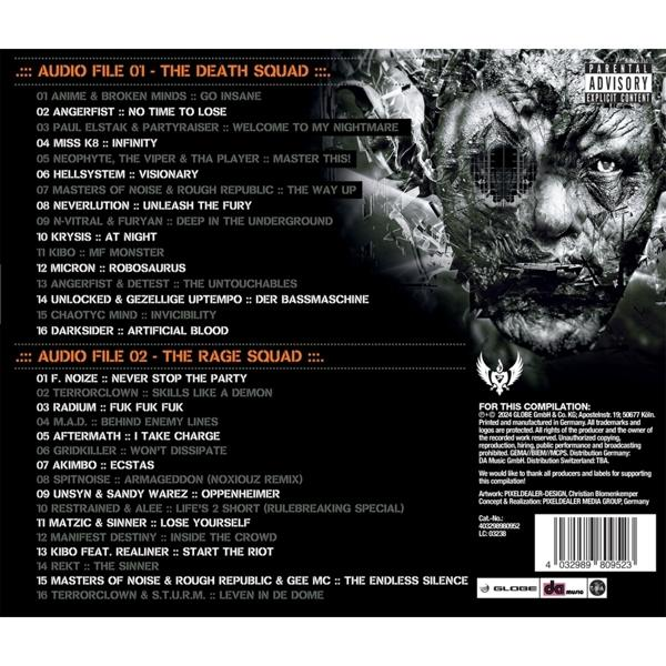 Cover einer Musik-Kompilation mit Tracklisten und einem düsteren Gesicht.