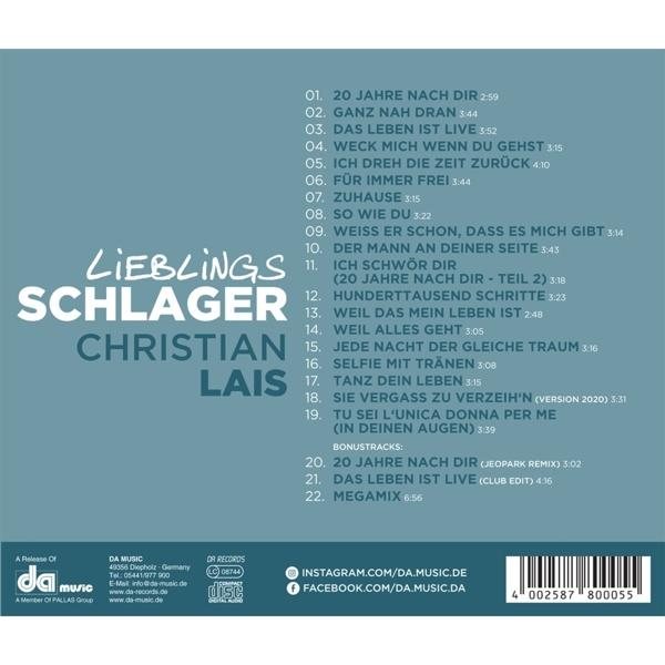 CD-Cover mit den Wörtern "Lieblings Schlager" und "Christian Lais". Titelliste und Copyright-Info.