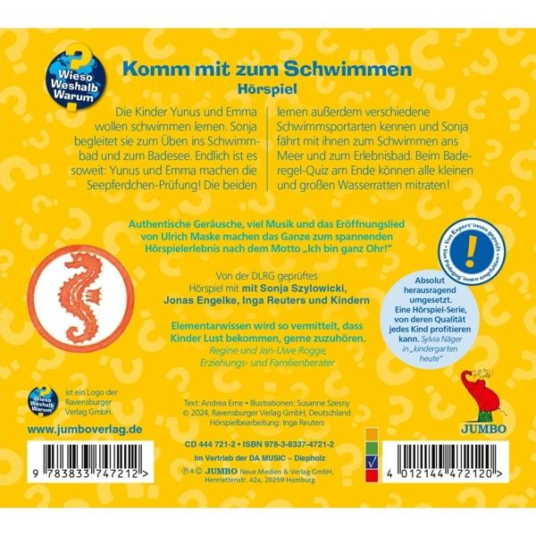 Ein Hörspielcover mit gelben Fragezeichen und einem Seepferdchen-Logo.