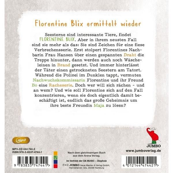 Buchcover mit Titel 'Florentine Blix ermittelt wieder', ISBN und MP3-CD-Infos.