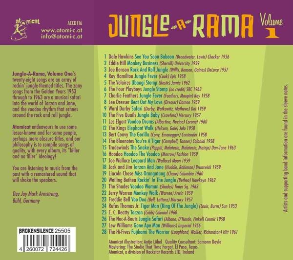 Albumcover mit Text 'Jungle-A-Rama', Volume 1, und einer Liste von Songs.