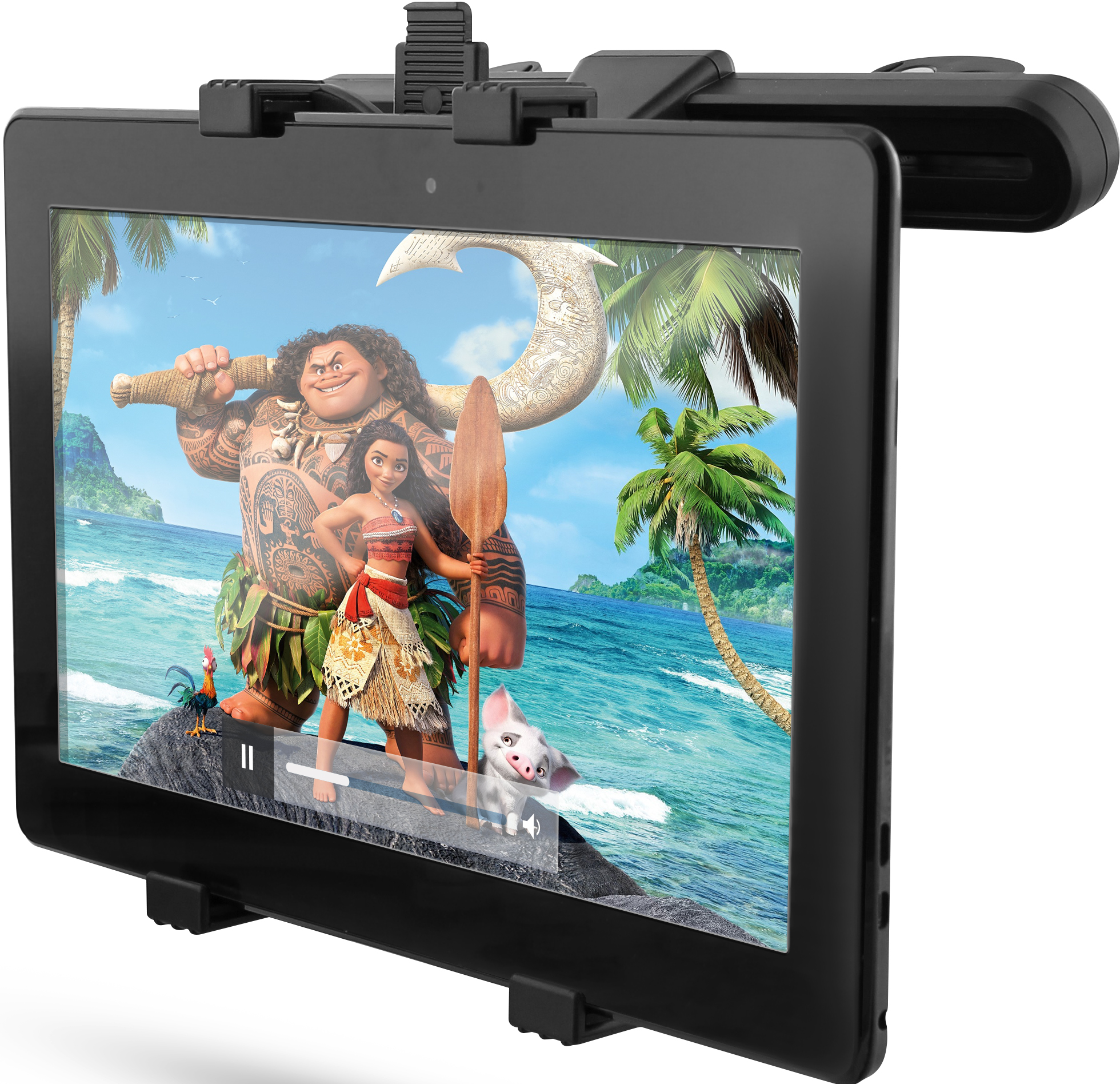 Tablette affichant un dessin animé, maintenue par un support noir avec une lumière en haut.