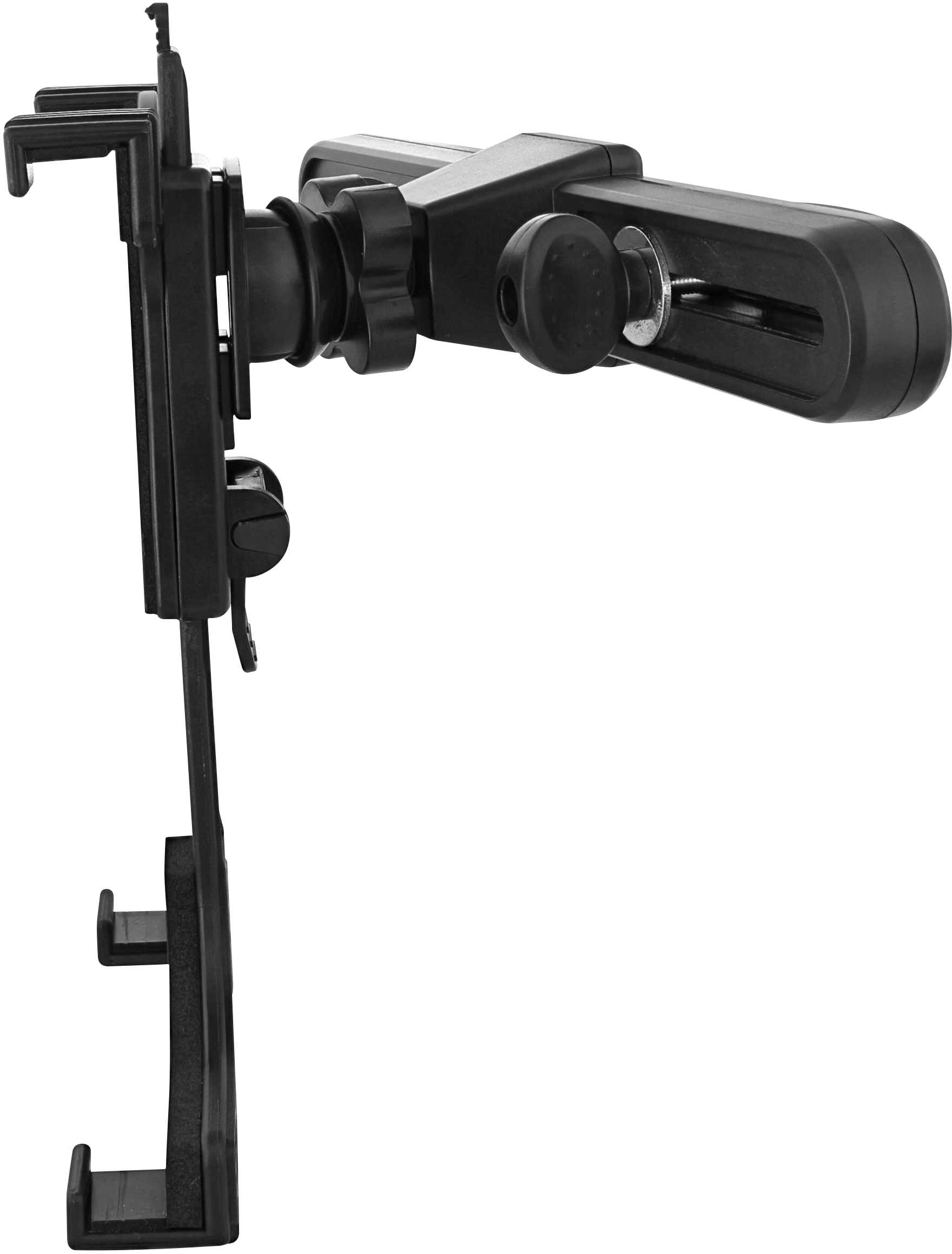 Support de tablette noir pour appuie-tête, réglable. Pince noire pour maintenir l'appareil.