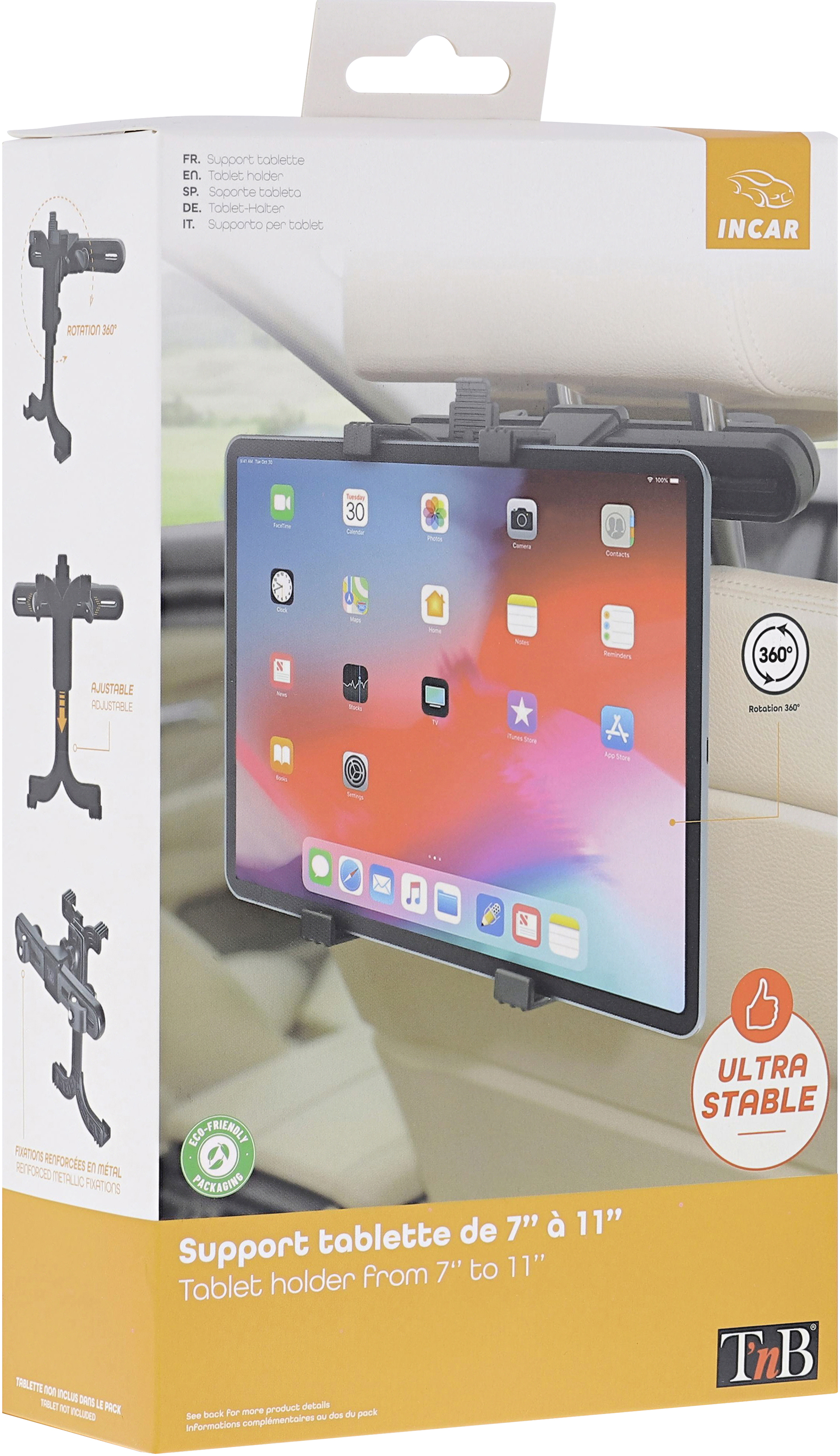 Support de tablette dans une boîte. Il est monté dans une voiture, tenant une tablette. Le texte sur la boîte indique 'ultra stable'.