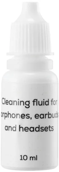 Une bouteille blanche avec du liquide de nettoyage pour écouteurs, oreillettes et casques. Étiquette de 10 ml.