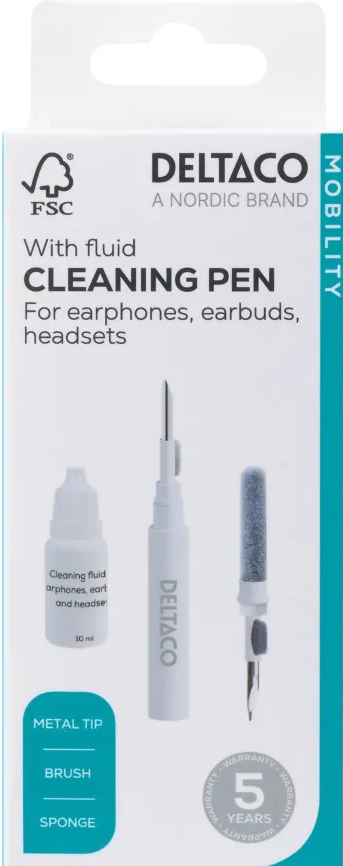 Boîte avec stylo de nettoyage pour écouteurs. Contient pointe métallique, brosse et éponge.