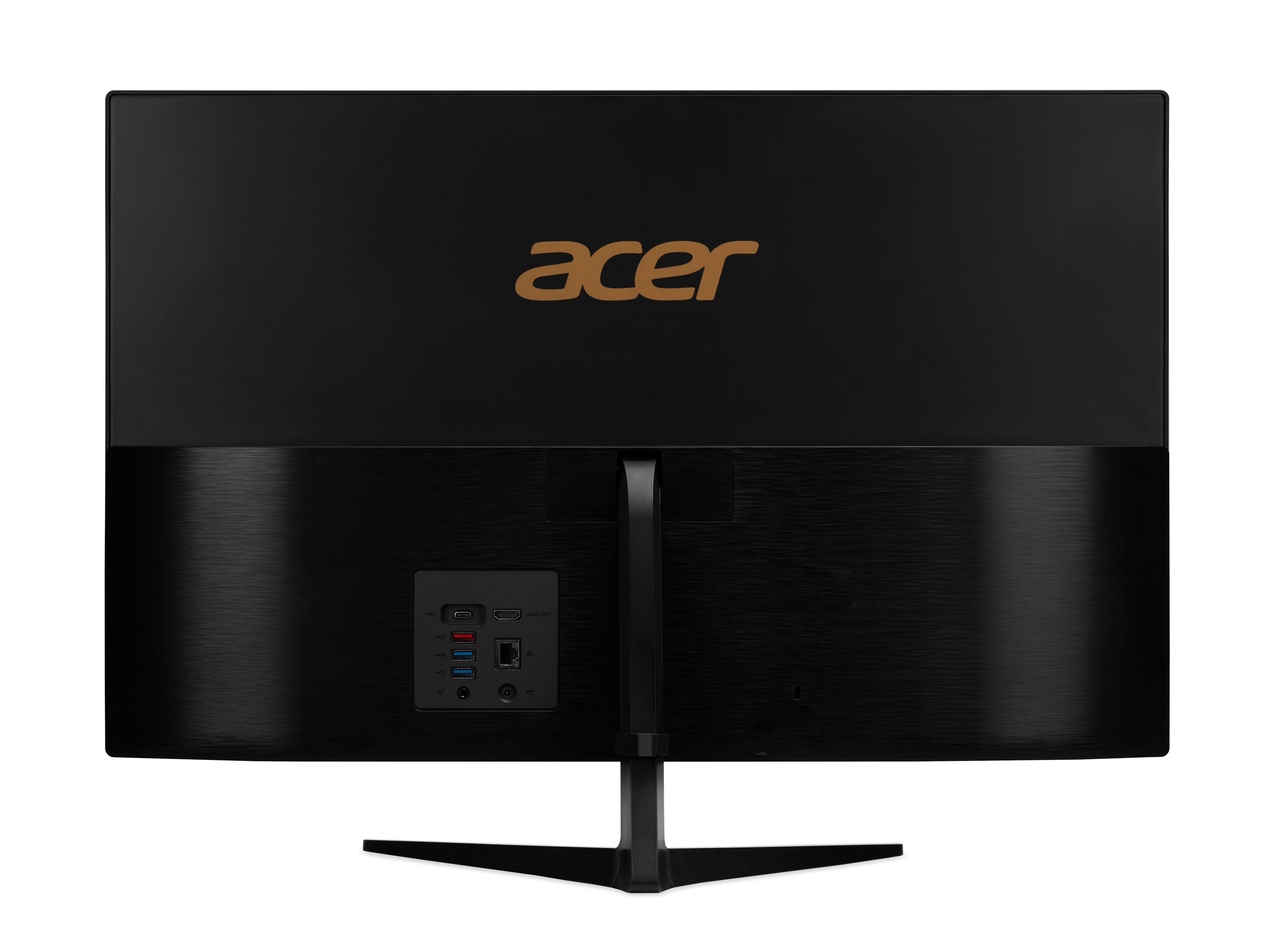 Rückseite eines schwarzen und goldenen Acer-Monitors mit Anschlüssen und dem Acer-Logo.