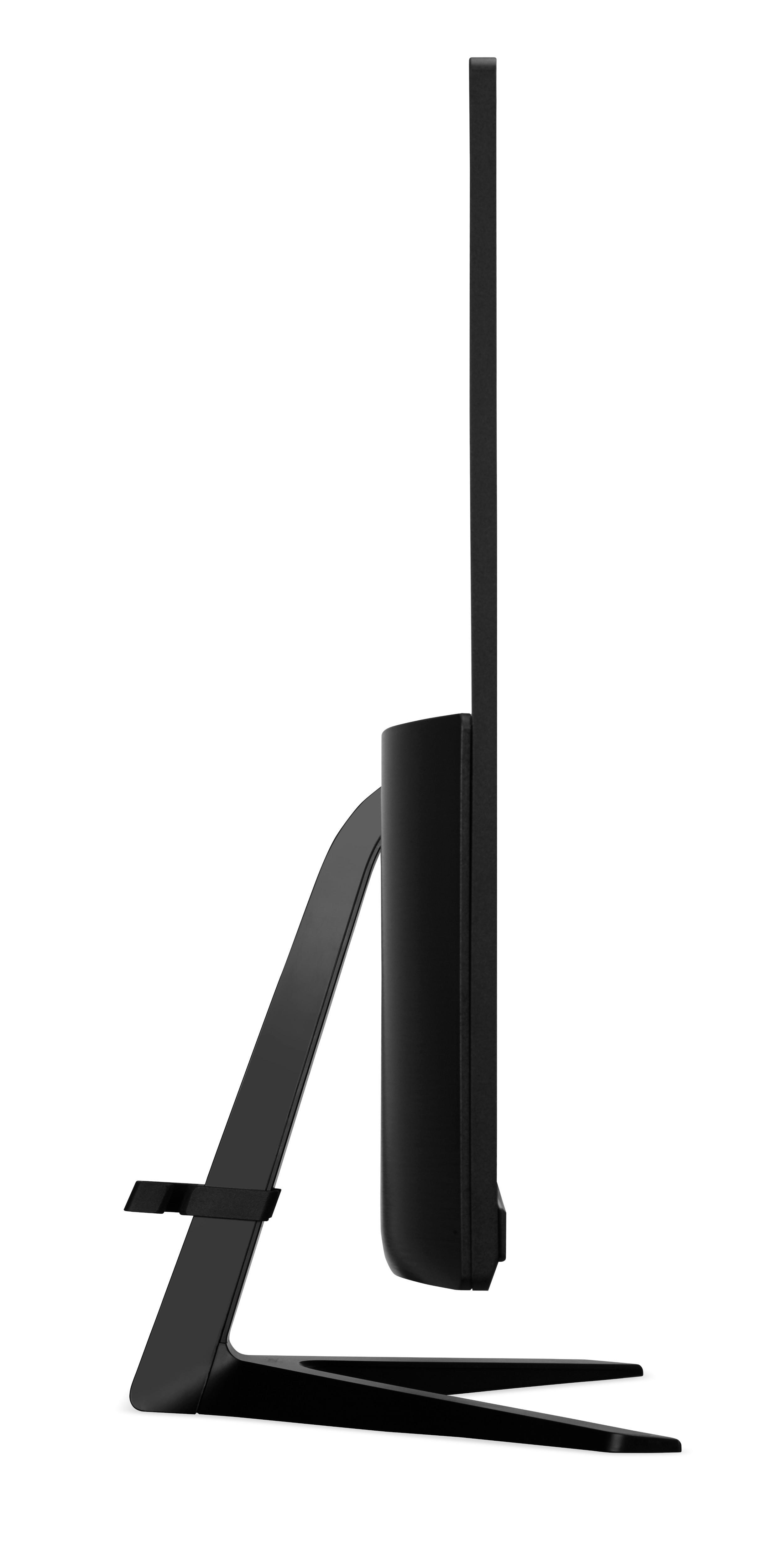 Schwarzer Computermonitor, Seitenansicht, mit schwarzem Ständer und weißem Hintergrund.