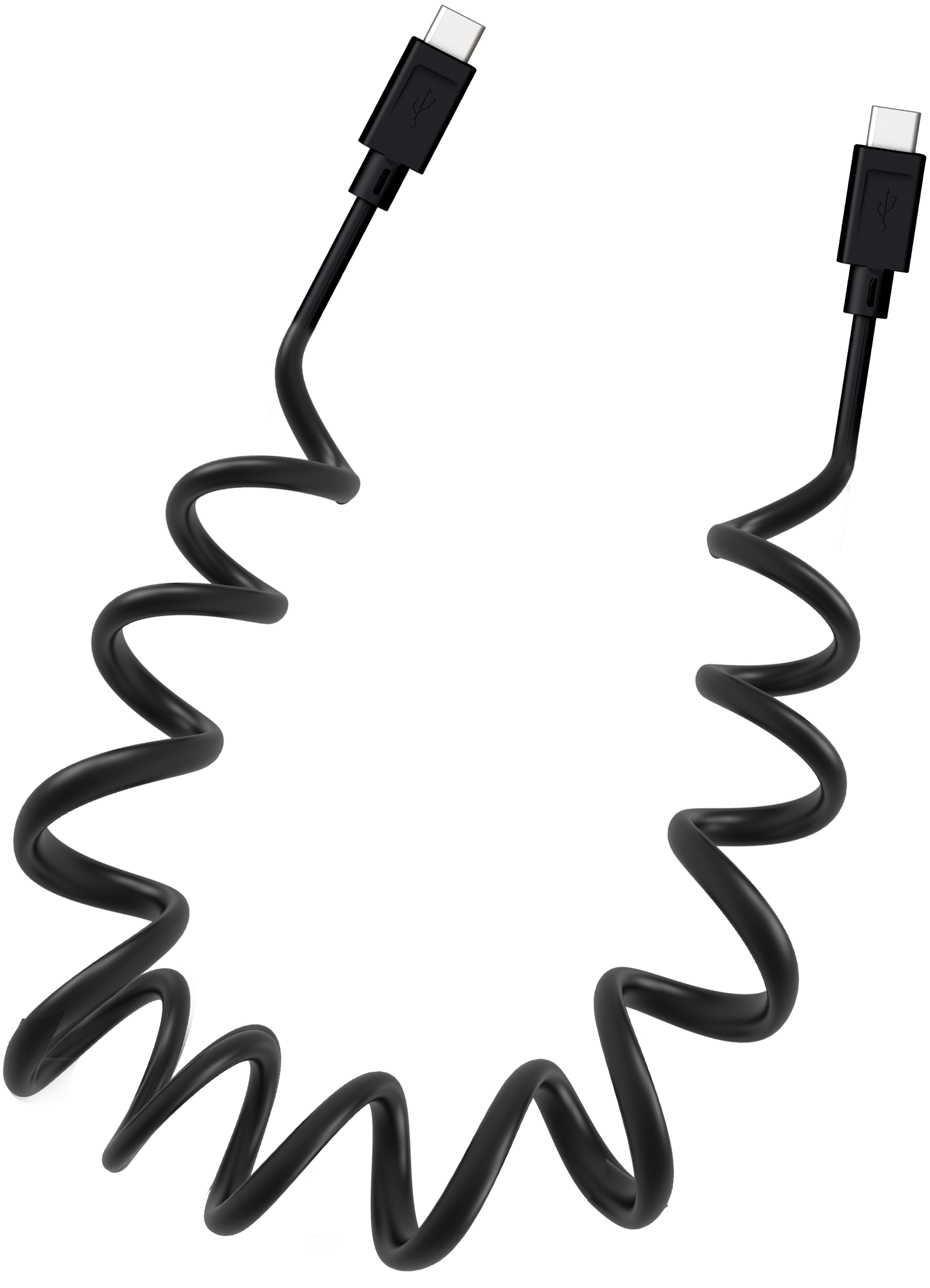 Câble USB-C noir enroulé avec des connecteurs à chaque extrémité, isolé sur blanc.