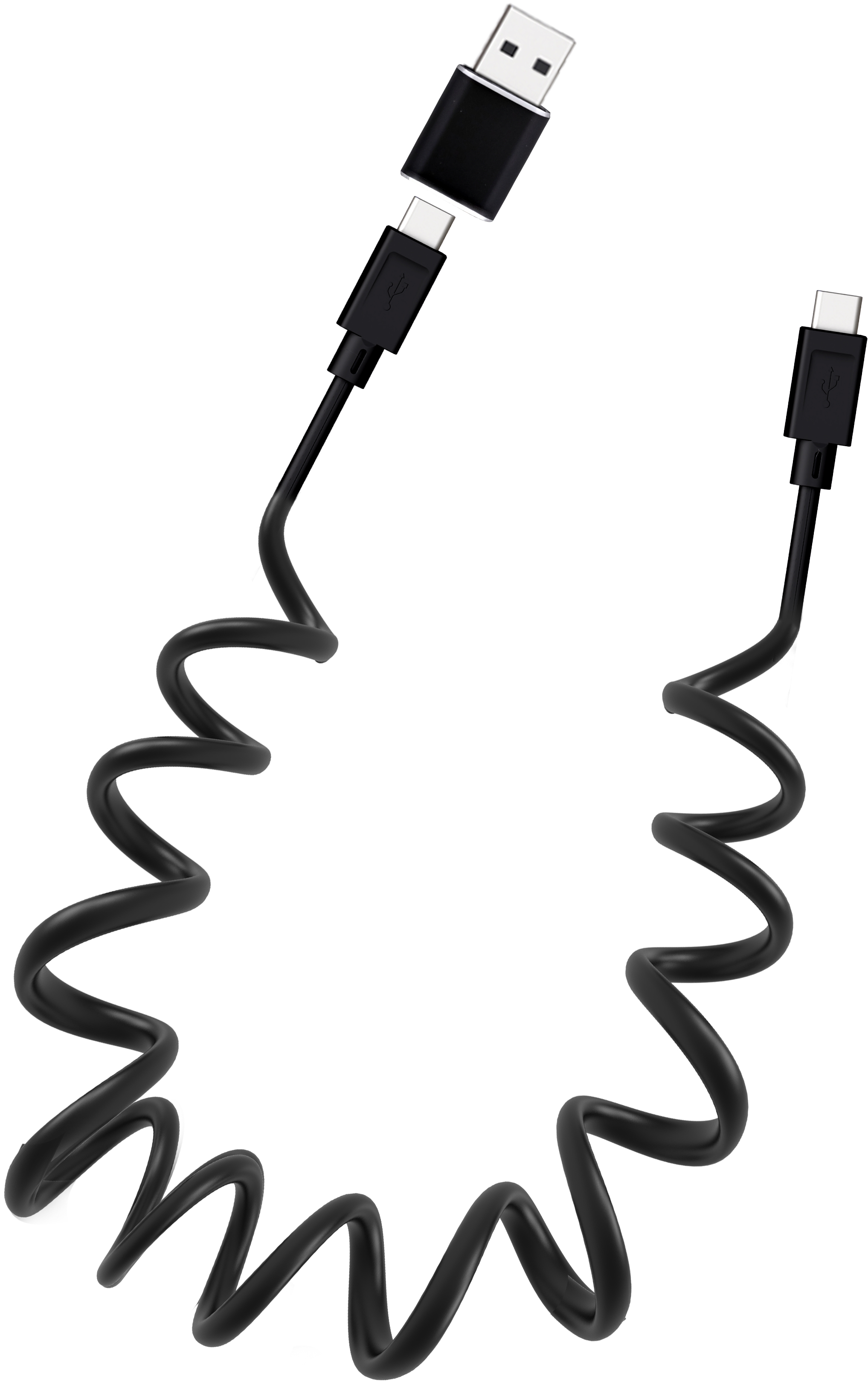Câble USB noir avec connecteurs USB-A et USB-C, en forme de spirale.