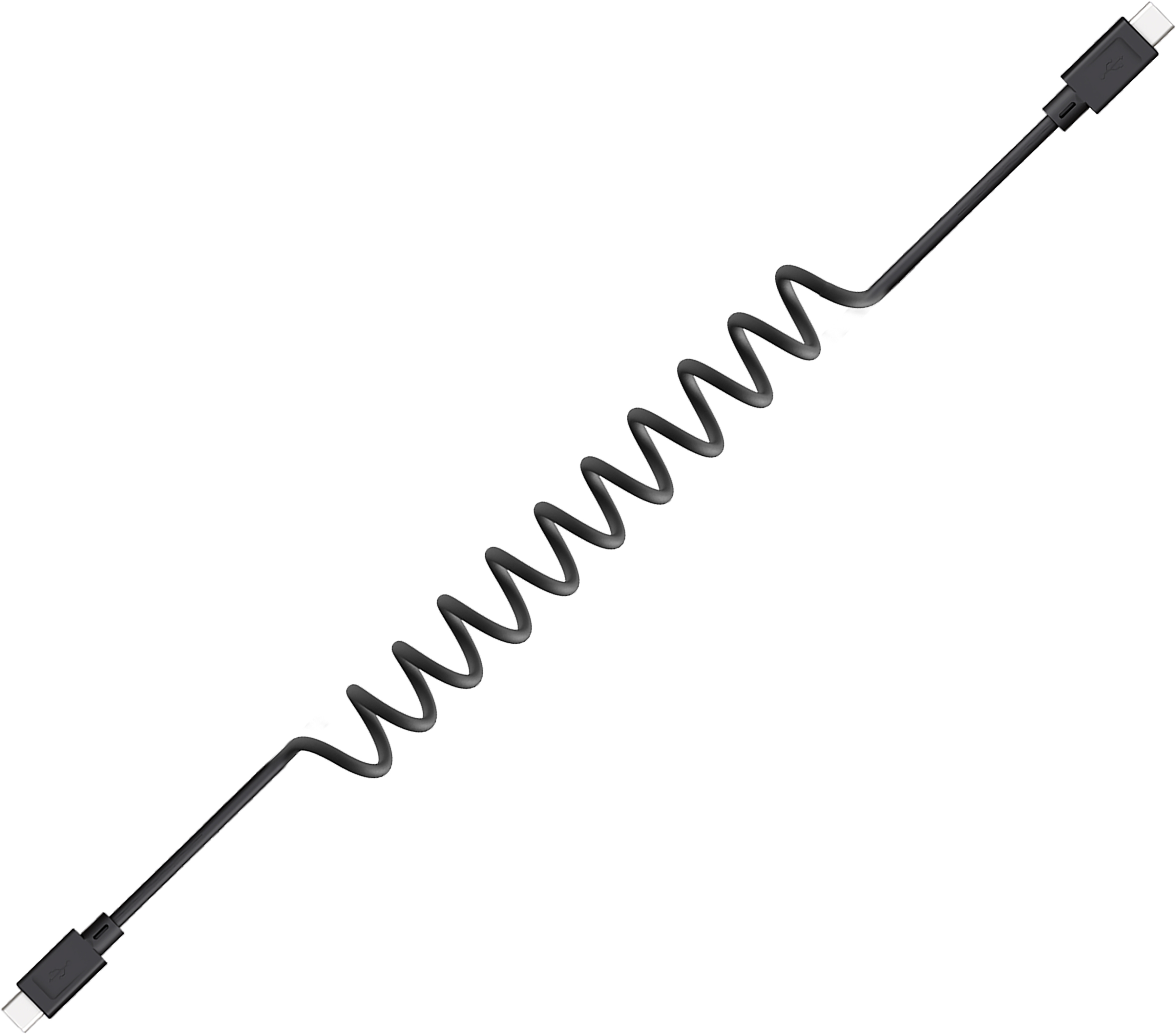 Un câble USB-C noir enroulé, s'étendant en diagonale dans le cadre.