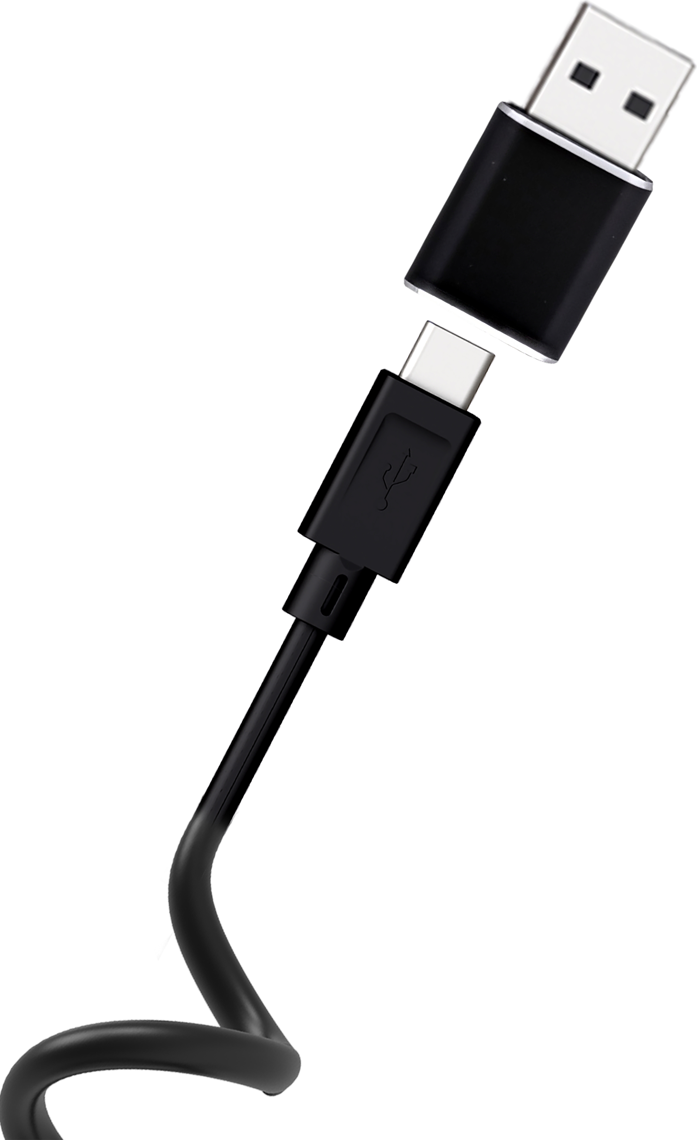 Câble USB vers USB-C noir, deux extrémités déconnectées.