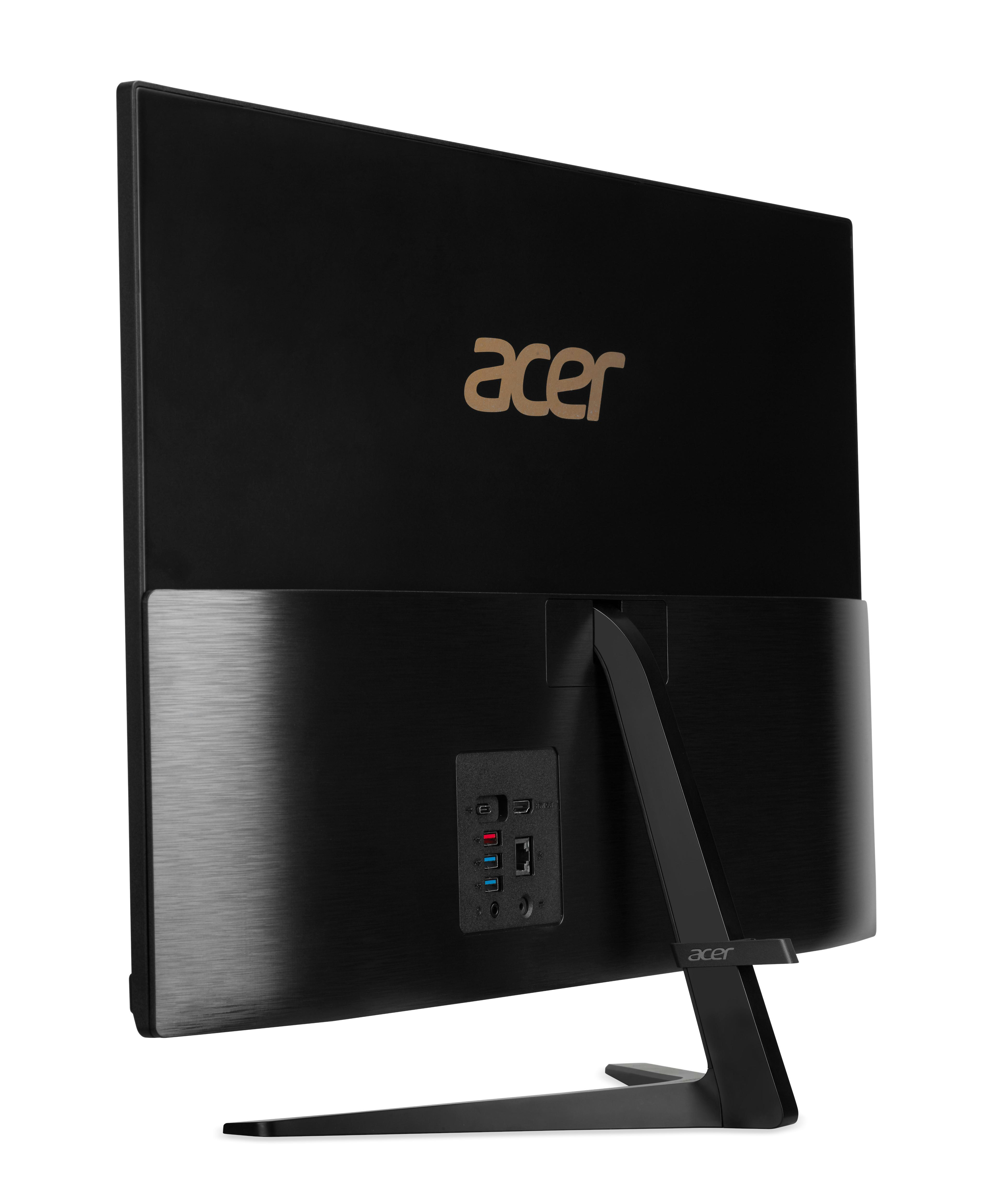 Schwarzer Acer-Monitorrücken. Anschlüsse und Ständer sichtbar. Acer-Logo auf der Rückseite. Weißer Hintergrund.