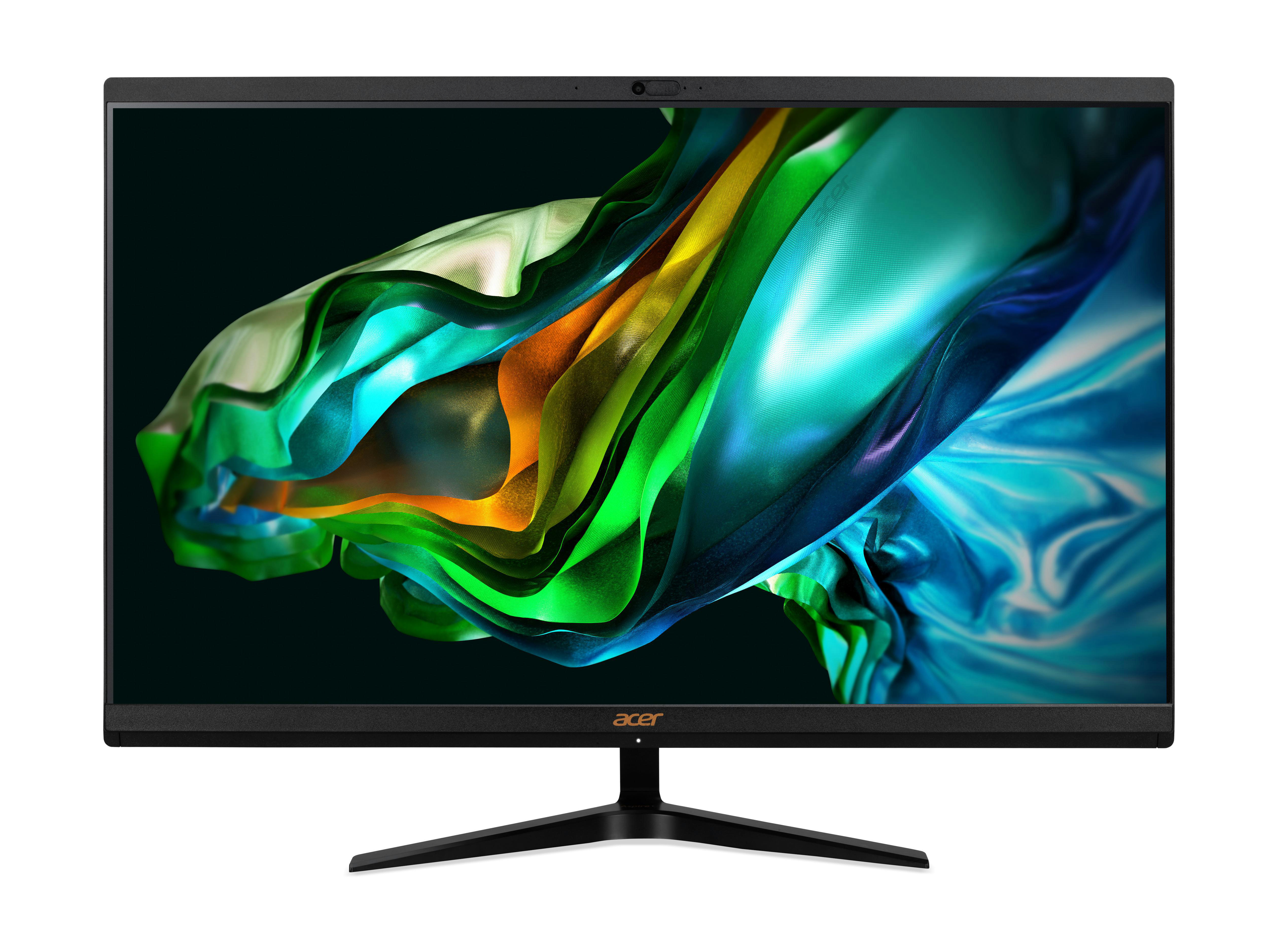 Ein Computermonitor mit schwarzem Rahmen, der ein farbenfrohes abstraktes Bild auf schwarzem Hintergrund anzeigt.