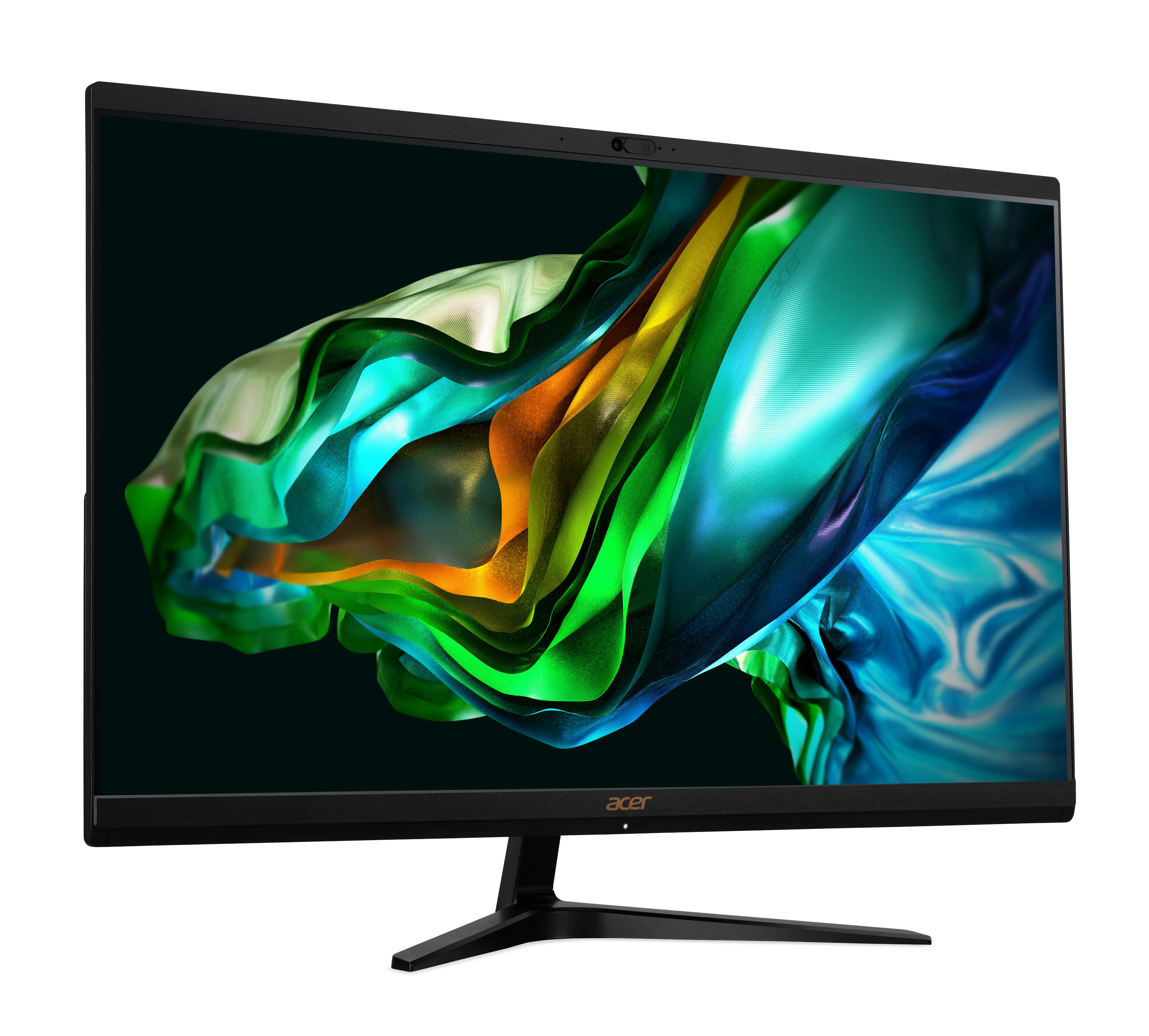 Acer Monitor mit schwarzem Rahmen, gebogenem Bildschirm und farbenfrohem, abstraktem Hintergrund.