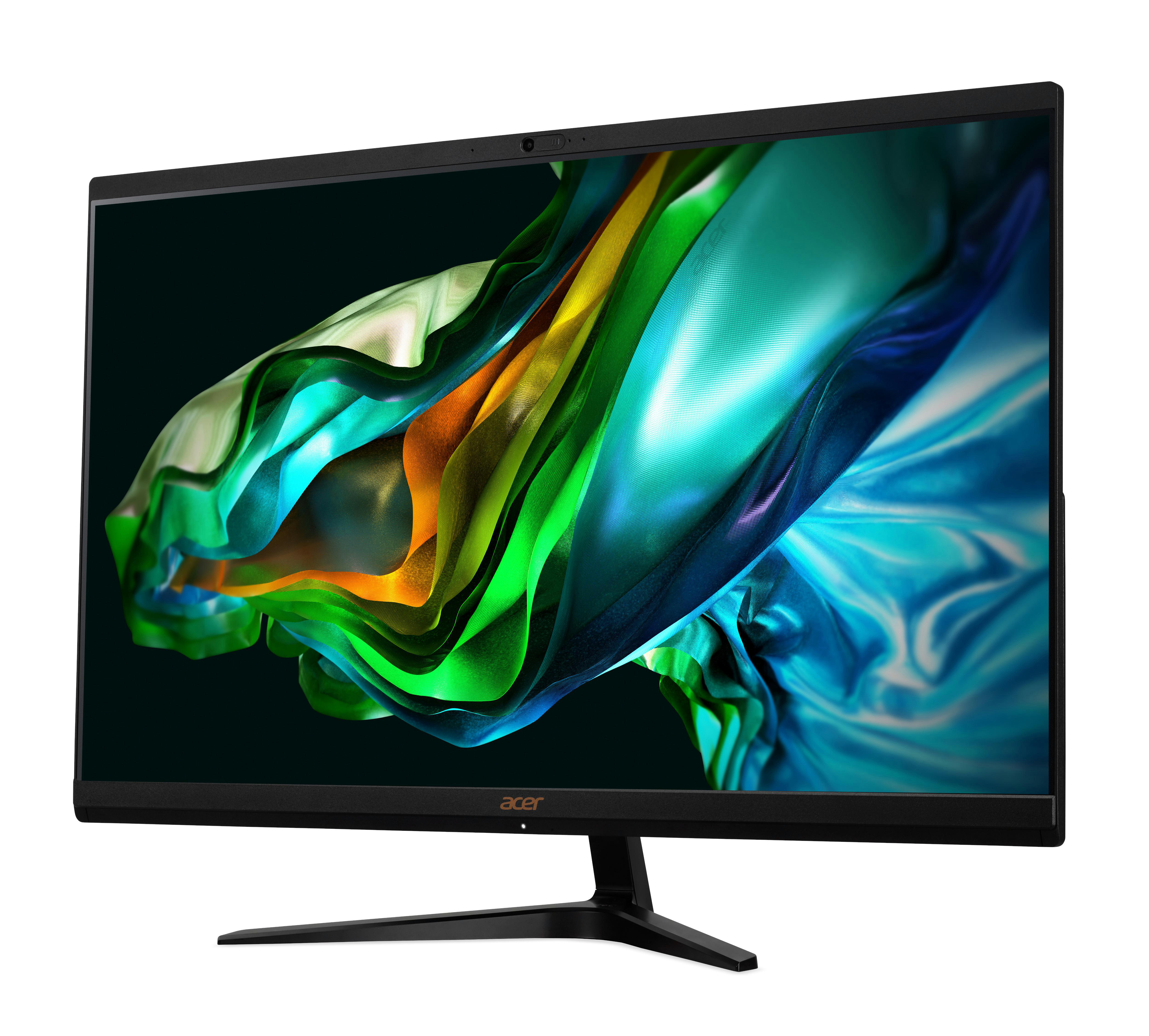 Schwarzer Acer-Monitor. Der Bildschirm zeigt ein farbenfrohes, abstraktes Design aus fließendem blauem und grünem Stoff.