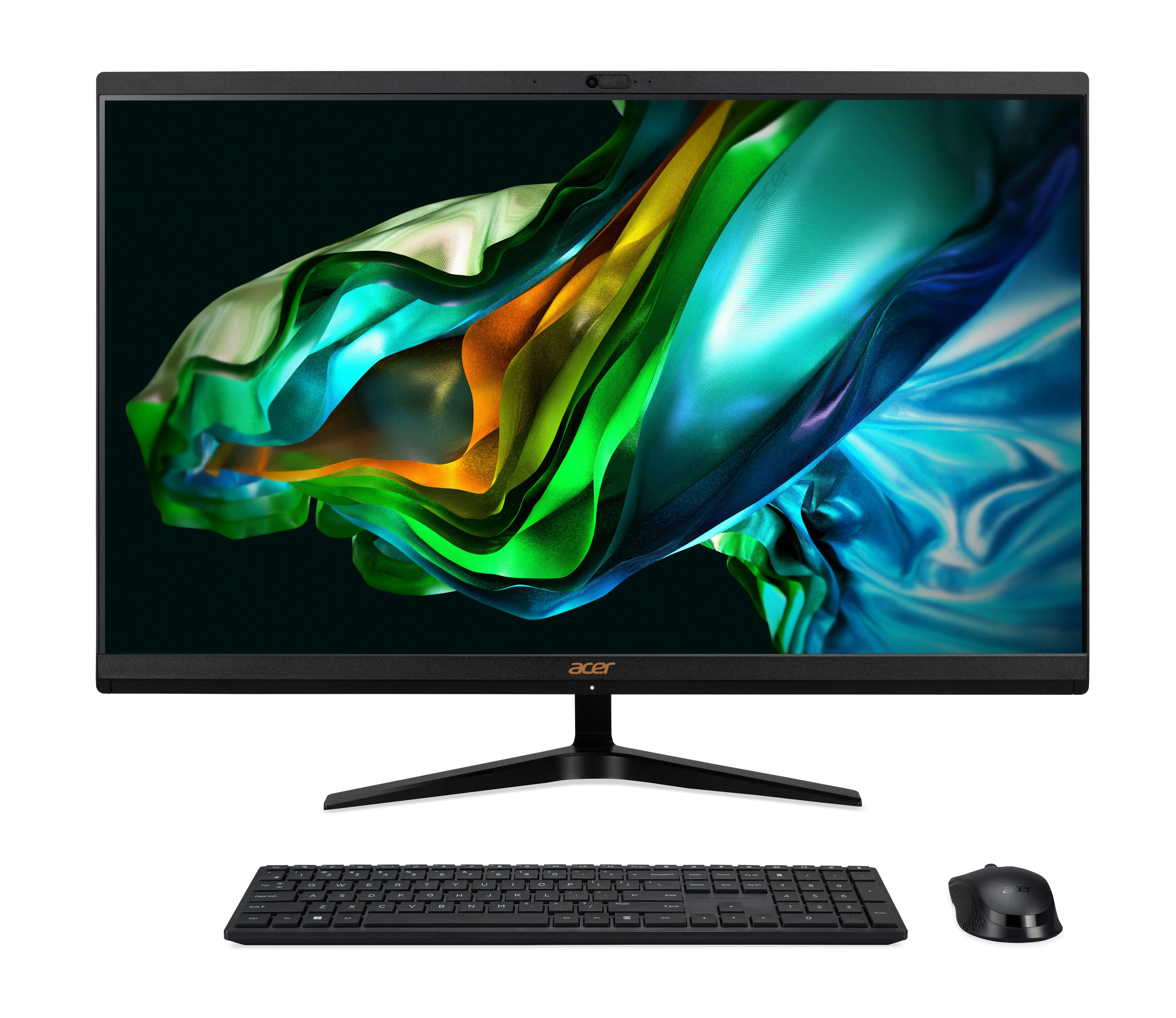 Ein Acer Computermonitor mit Tastatur und Maus. Der Bildschirm zeigt ein farbenfrohes, abstraktes Bild.