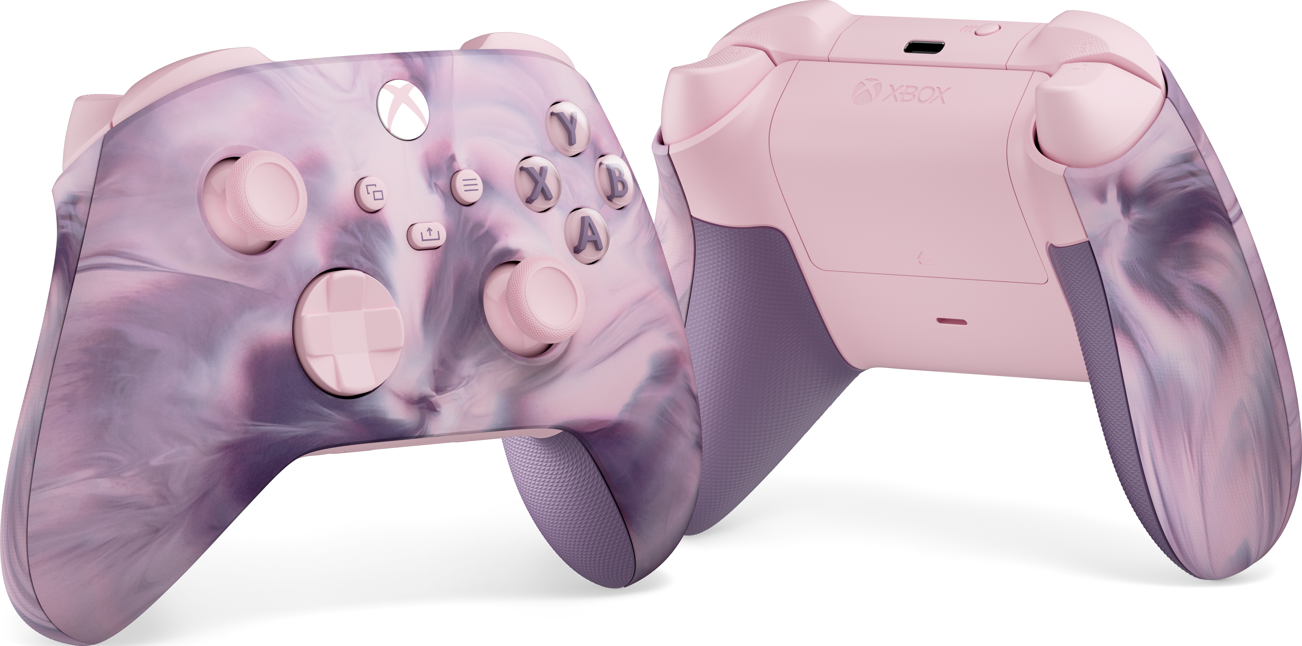 Zwei Xbox-Controller, einer mit Wirbeldesign in Pink und Lila, der andere ist pink.