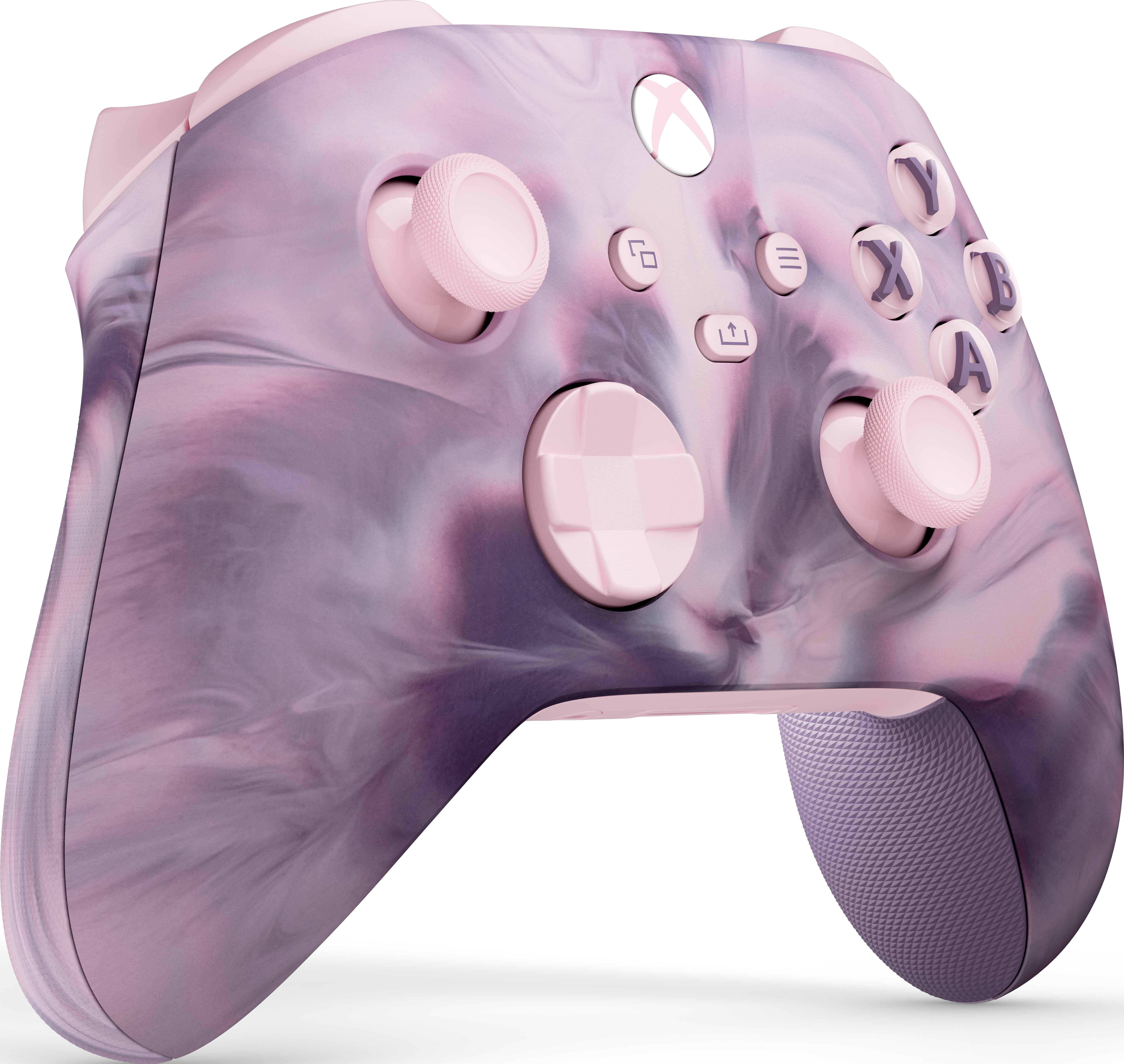 Ein rosa-lila Xbox-Controller mit den üblichen Tasten und einem strukturierten Griff.