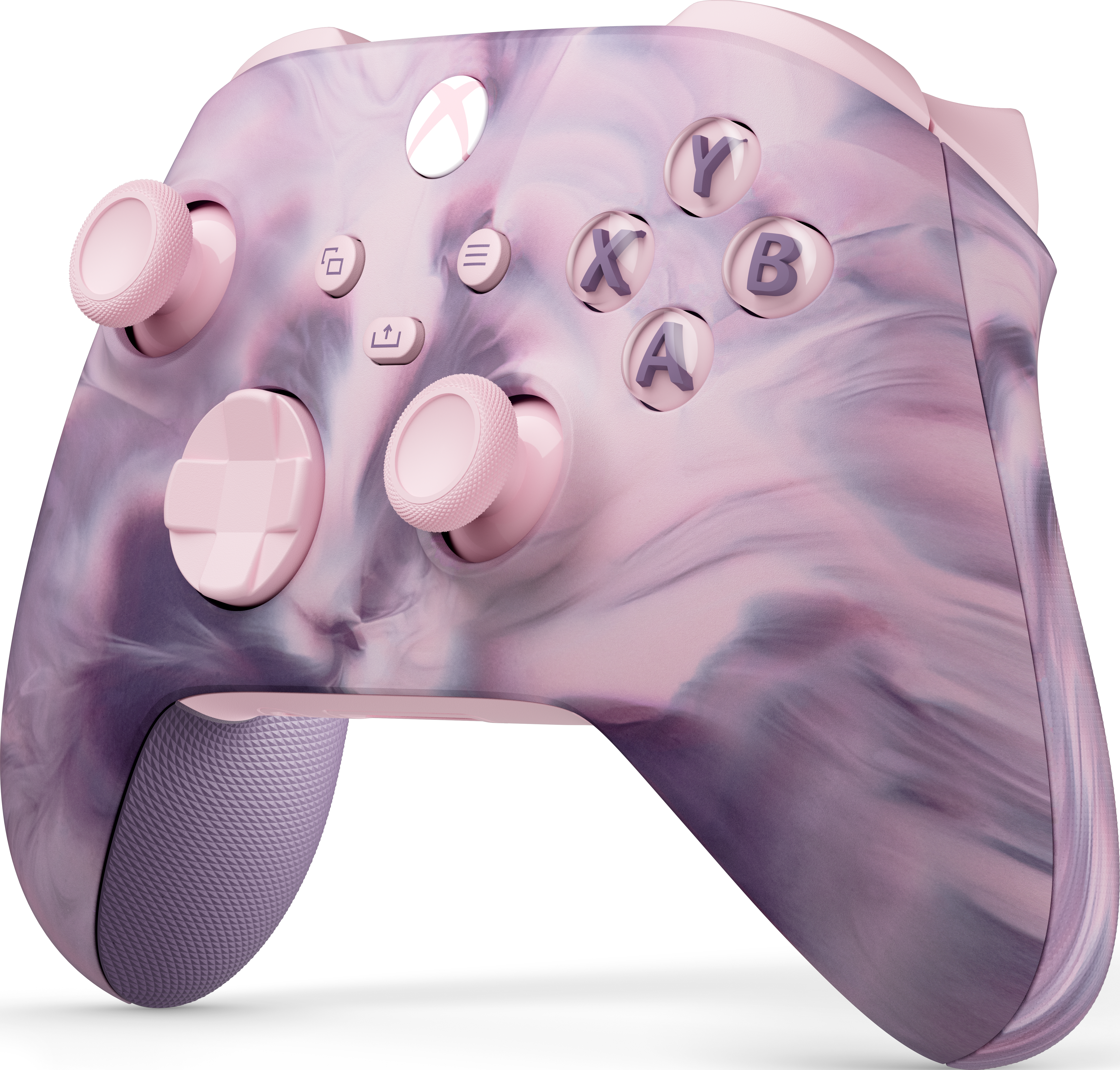 Rosa marmorierter Xbox-Controller, mit Knöpfen und Joystick.