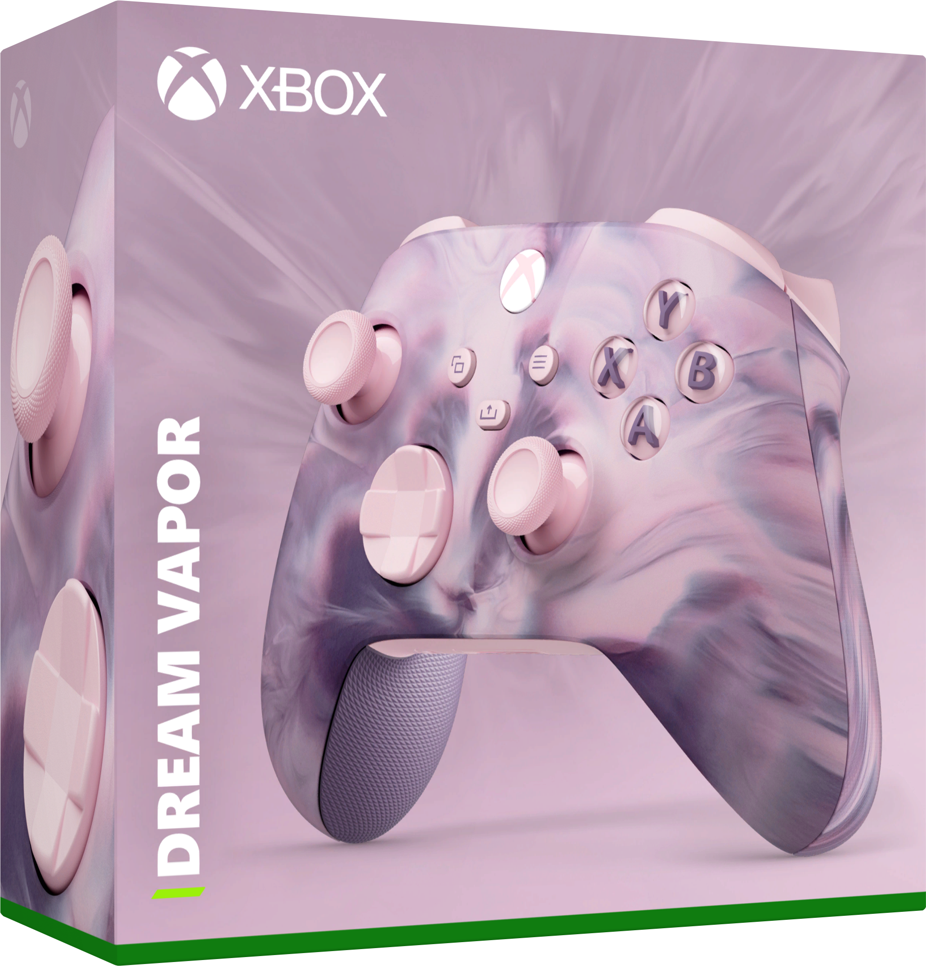 Xbox-Controller mit Marmordesign und rosa Knöpfen, präsentiert in einer Box.