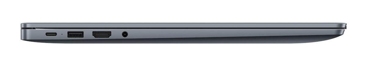 Widok z boku laptopa z widocznymi portami, szara obudowa, na białym tle.