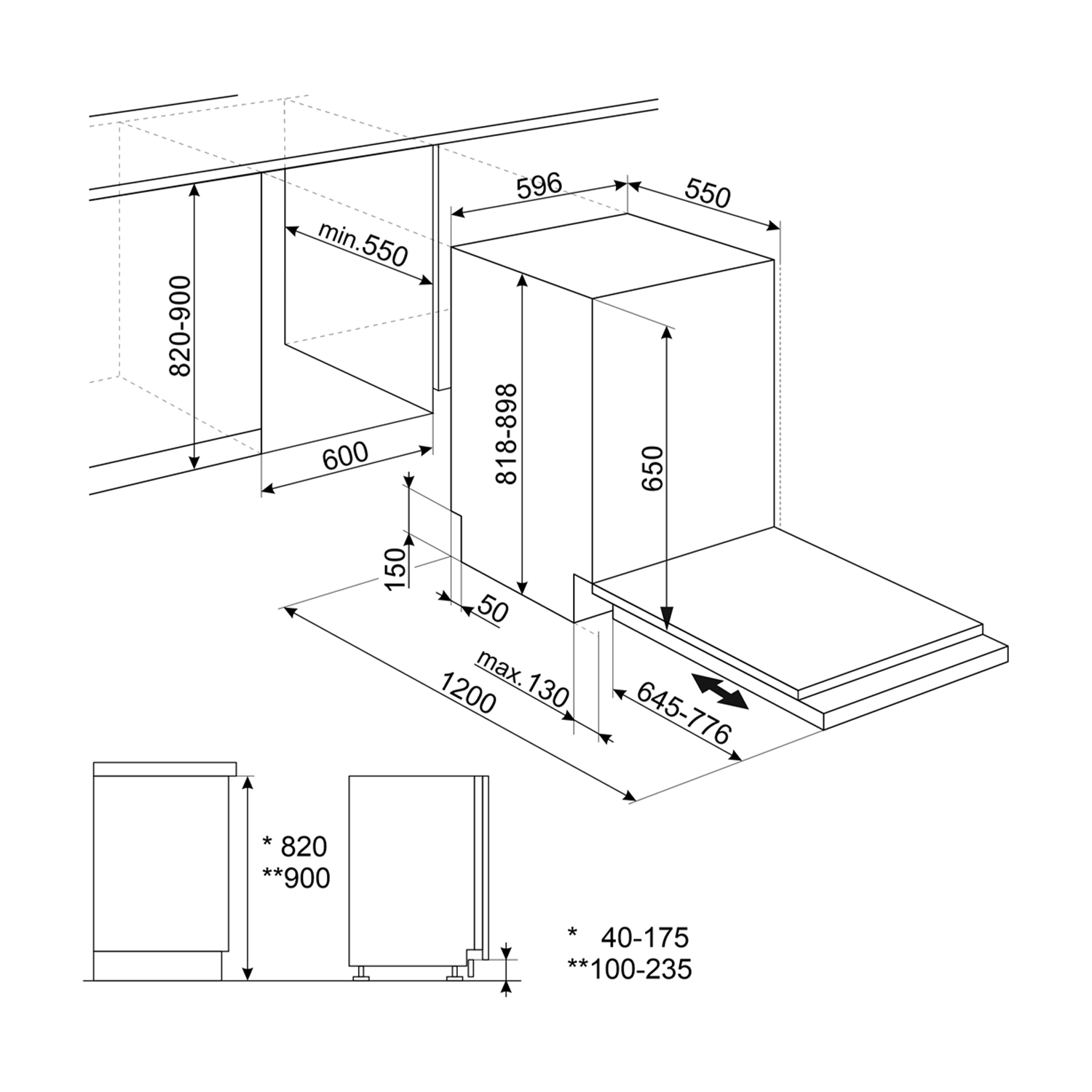 Diagramma di una lavastoviglie che mostra le dimensioni per l'installazione.