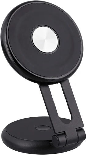 Supporto per telefono pieghevole nero con centro argento.