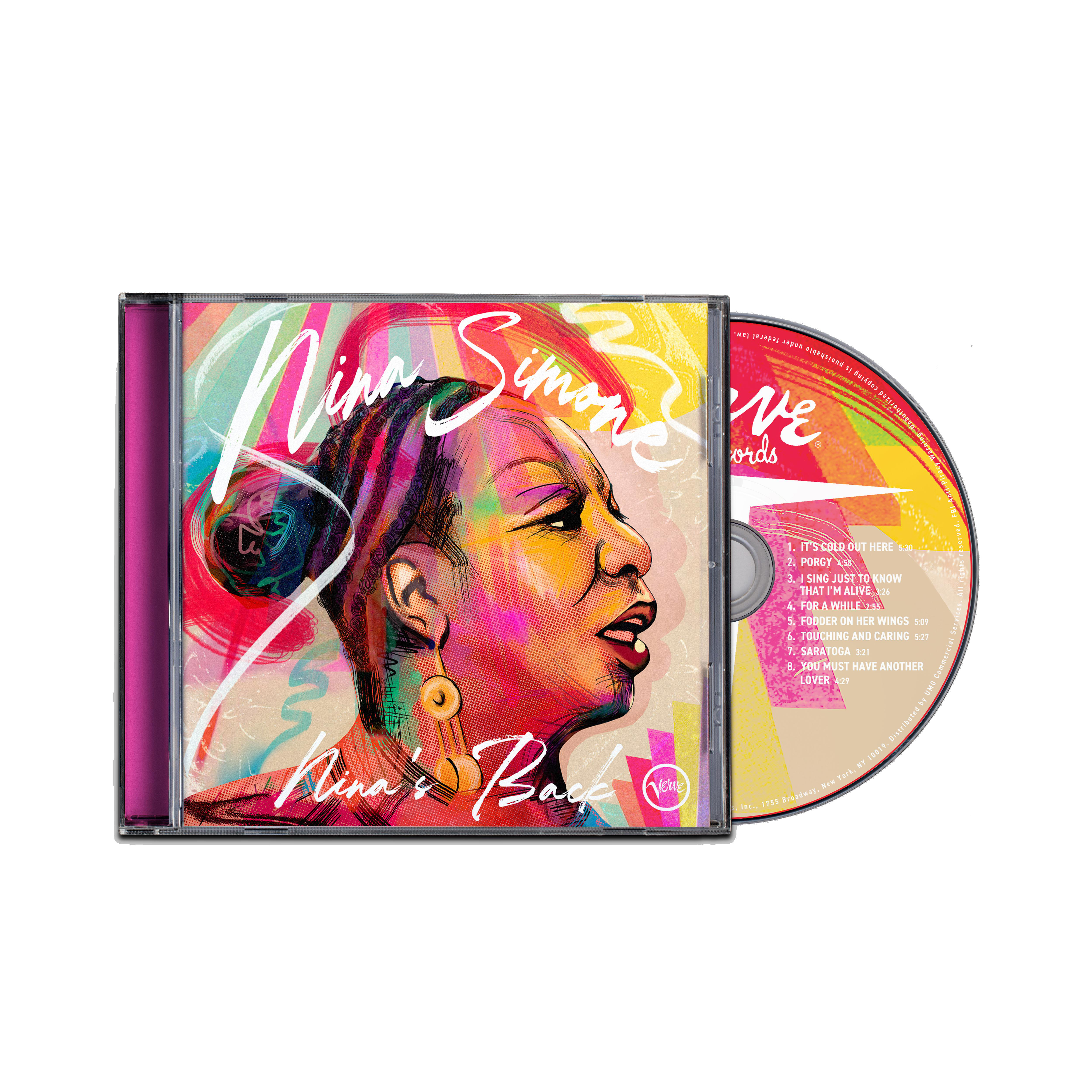 CD-Cover von Nina Simone, farbenfrohes Porträt.
