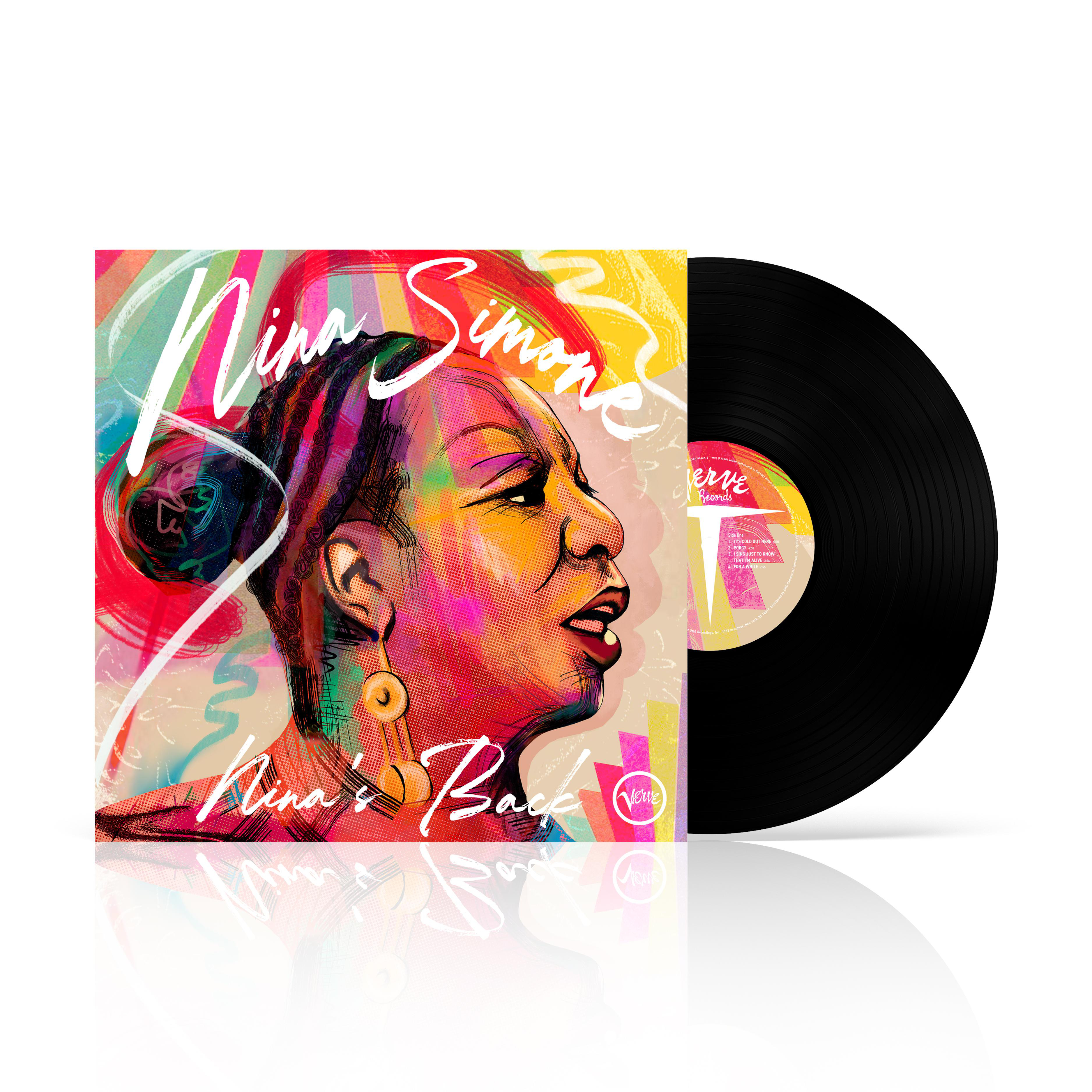 Vinylplatte mit Albumcover. Nina Simone Album, mit leuchtenden Farben, weißer Hintergrund.