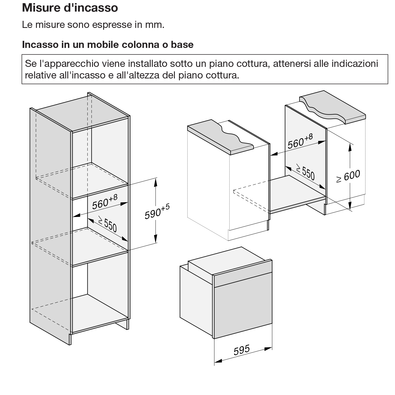 Disegno tecnico con dimensioni per elettrodomestici da incasso. Diverse forme rettangolari con frecce e numeri.
