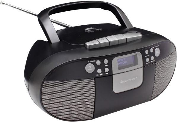 Boombox soundmaster noire avec affichage numérique, antenne, boutons et haut-parleurs. Détails gris.