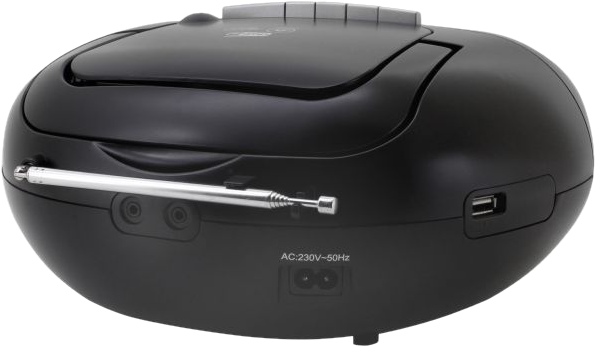 Boombox noire, ovale, avec lecteur CD, antenne et port USB. Elle a un couvercle fermé.