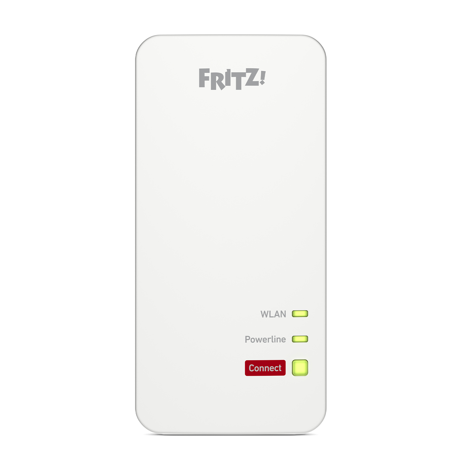 Un ripetitore Wi-Fi FRITZ! bianco con spie di alimentazione, WLAN e connessione verdi.