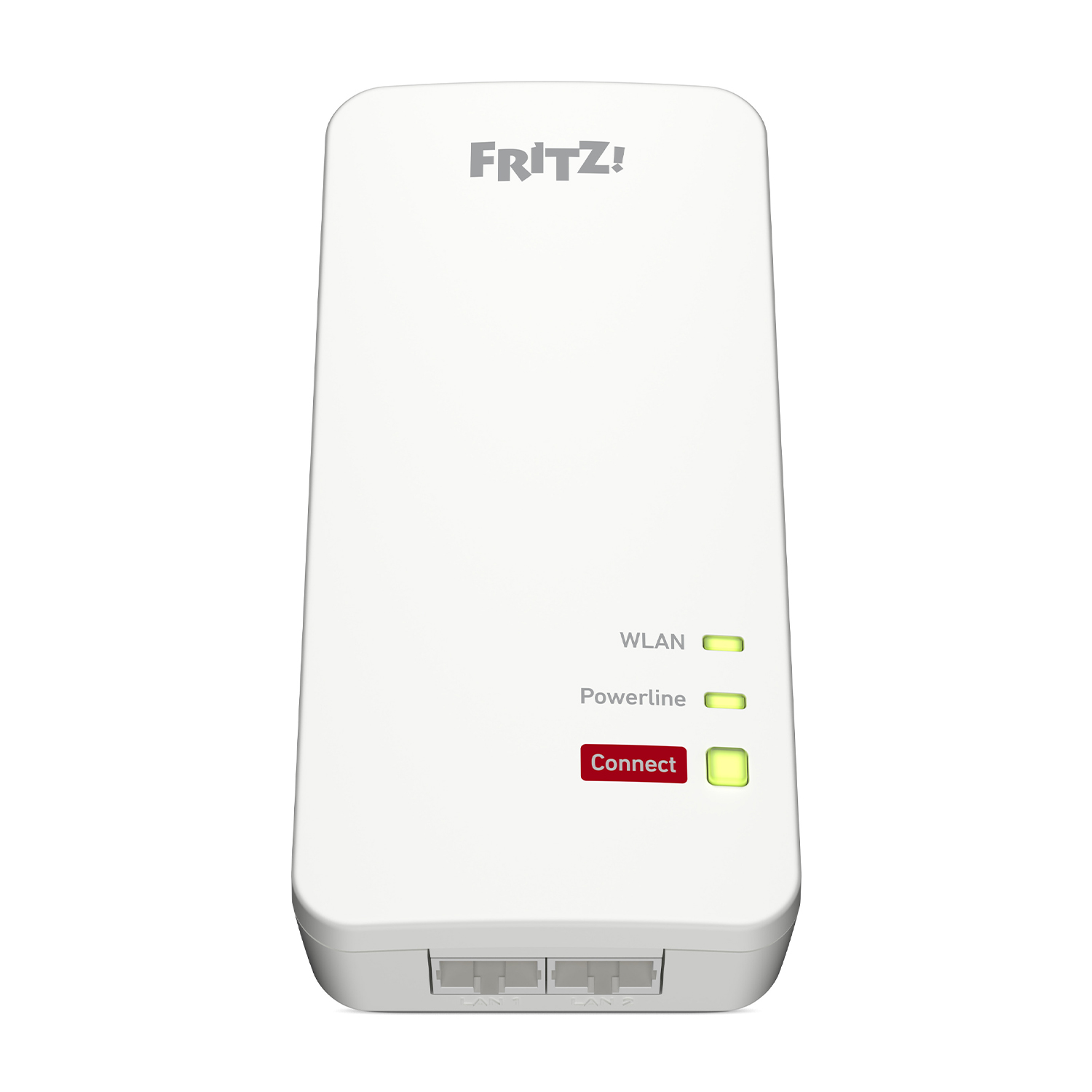Adattatore Powerline Fritz! bianco con spie verdi e rosse su sfondo bianco.