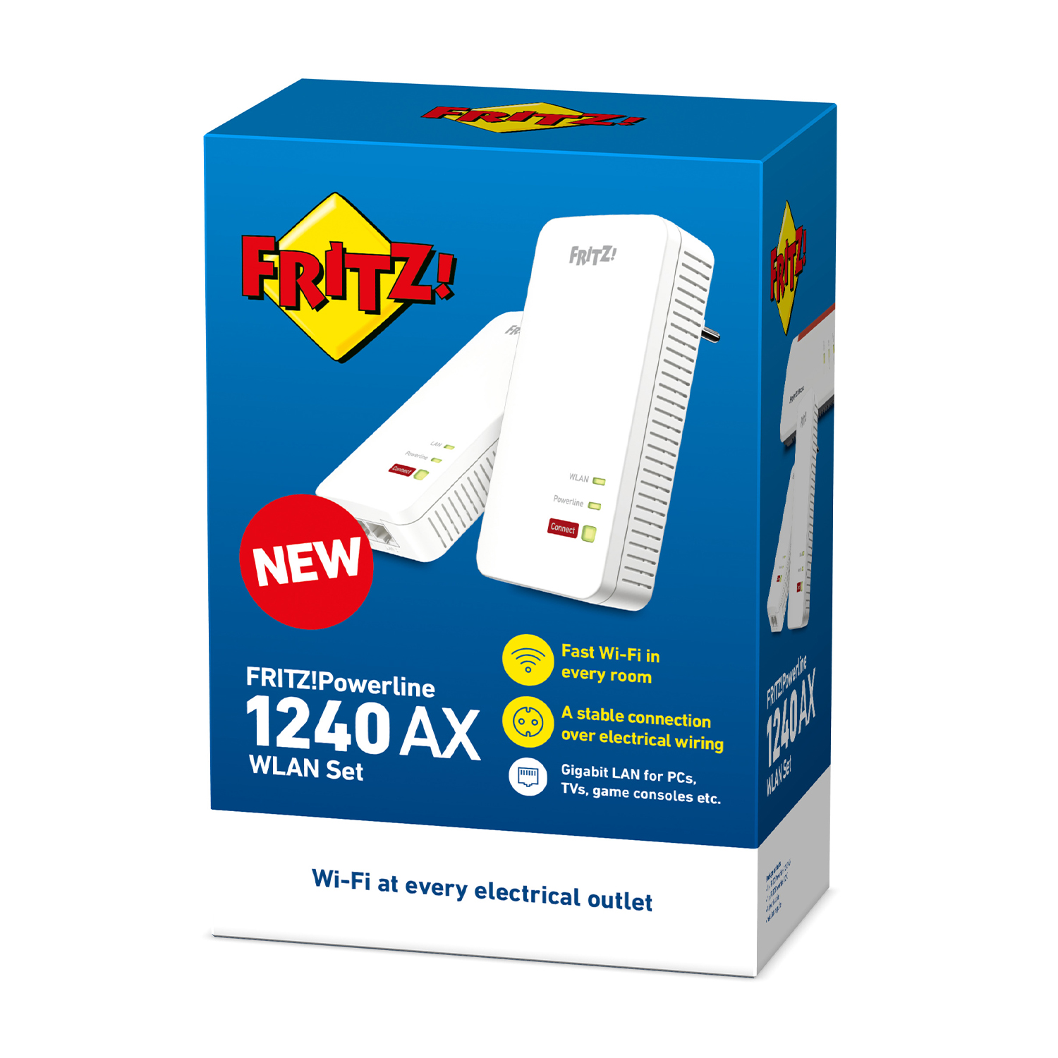Scatola con FRITZ!Powerline 1240 AX WLAN Set. Adattatori bianchi. Testo: Wi-Fi veloce, connessione stabile, Gigabit LAN.