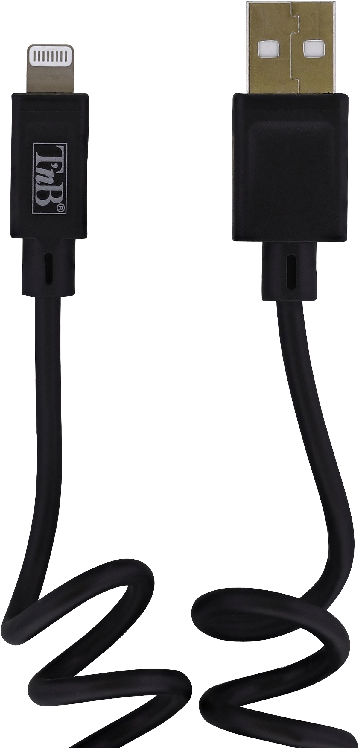 Un câble USB vers Lightning noir, avec des connecteurs aux deux extrémités, contre du blanc.