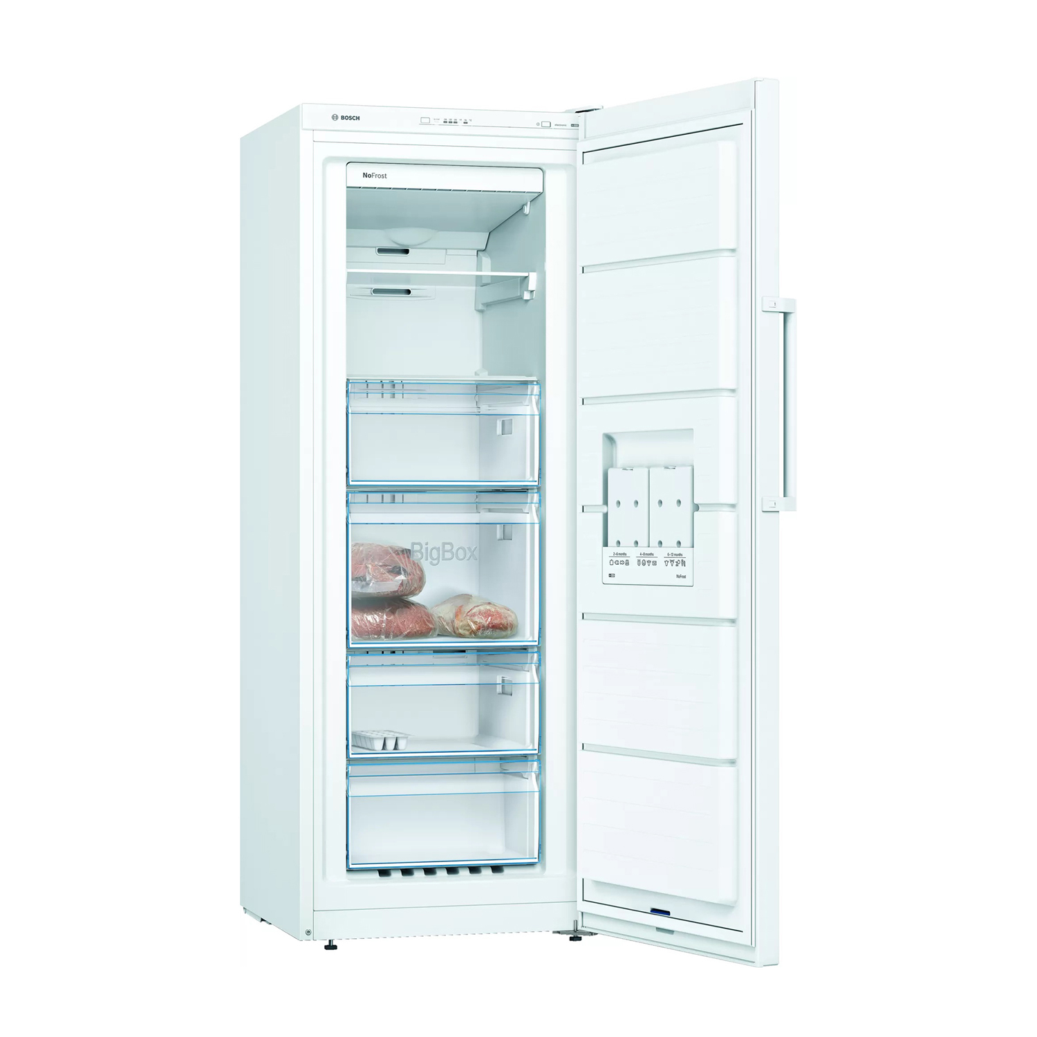 Frigorifero bianco con porta aperta, mostra ripiani e cassetti.