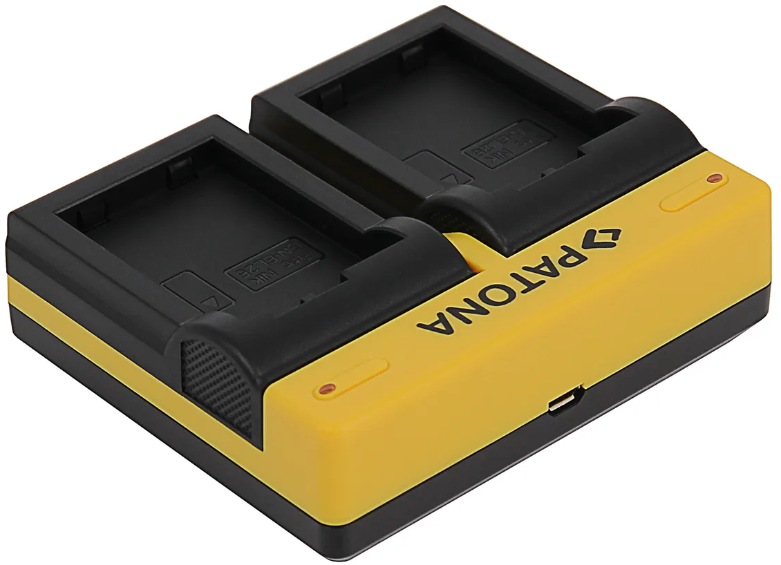 Chargeur double pour batteries d'appareil photo noir et jaune avec logo PATONA.