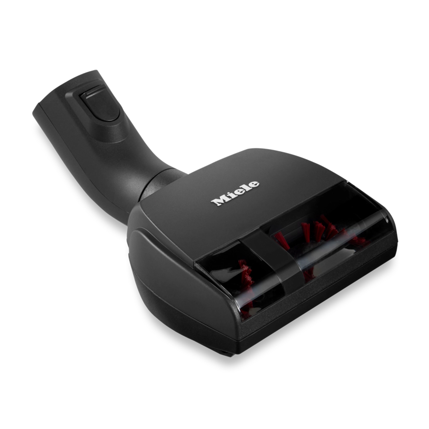 Testa di aspirapolvere nera con il marchio Miele, angolata su sfondo bianco.
