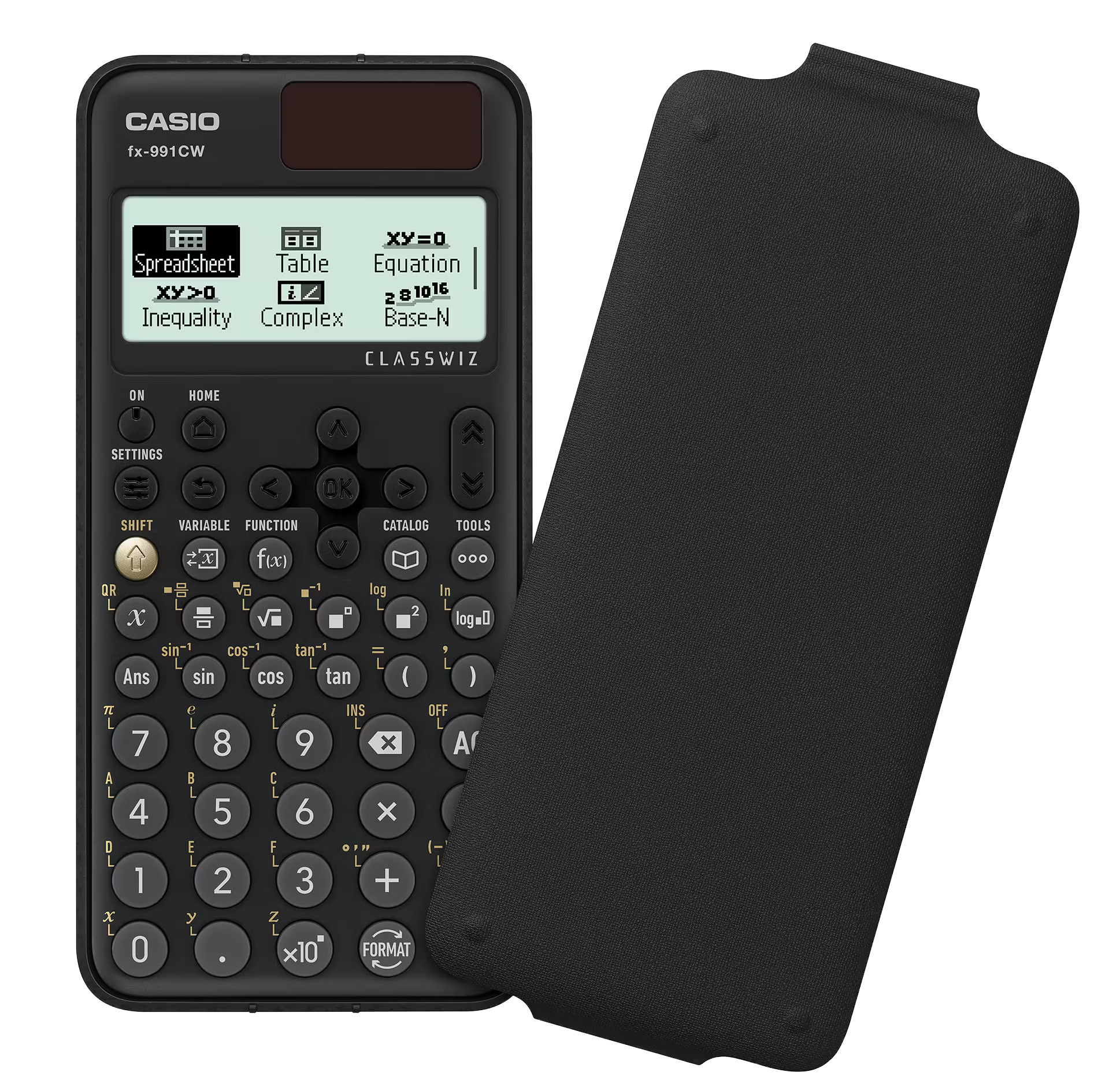 Czarny kalkulator z otwartym etui. Ekran wyświetla arkusz kalkulacyjny, równanie i inne funkcje.