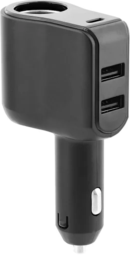 Chargeur de voiture noir avec deux ports USB et indicateur de charge.