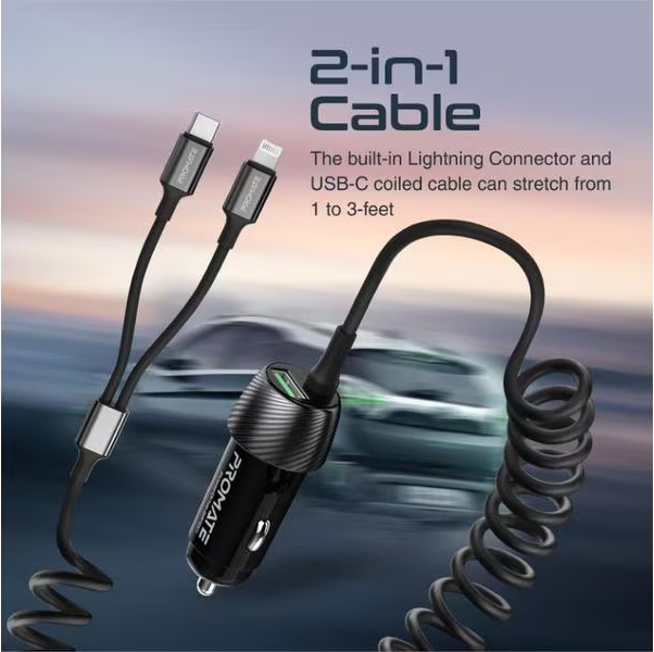 Câble 2-en-1 noir avec connecteurs USB-C et Lightning, et un chargeur de voiture avec le logo Promate.