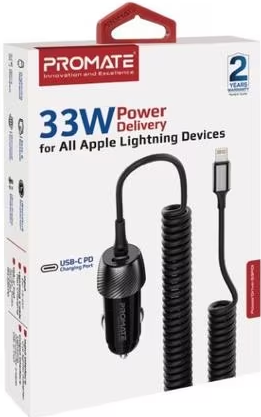 Boîte de câble de charge Promate, avec connecteur USB-C et Lightning.