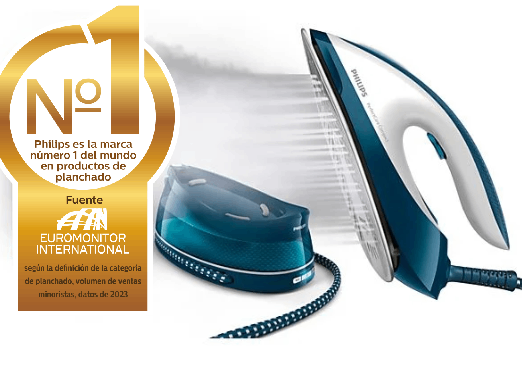 Plancha Philips blanca y azul con vapor. Está a la derecha y sale vapor.