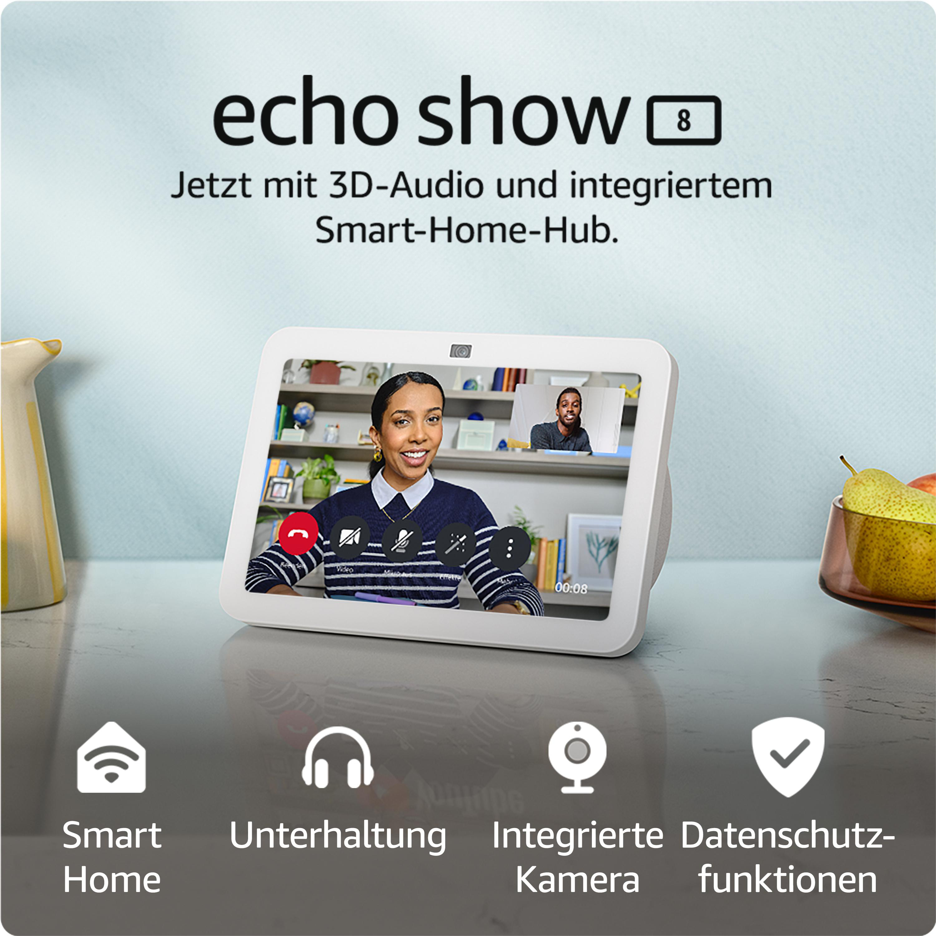 Weißes Echo Show 8, Frau auf dem Bildschirm und Symbole für Smart Home, Unterhaltung, Kamera.