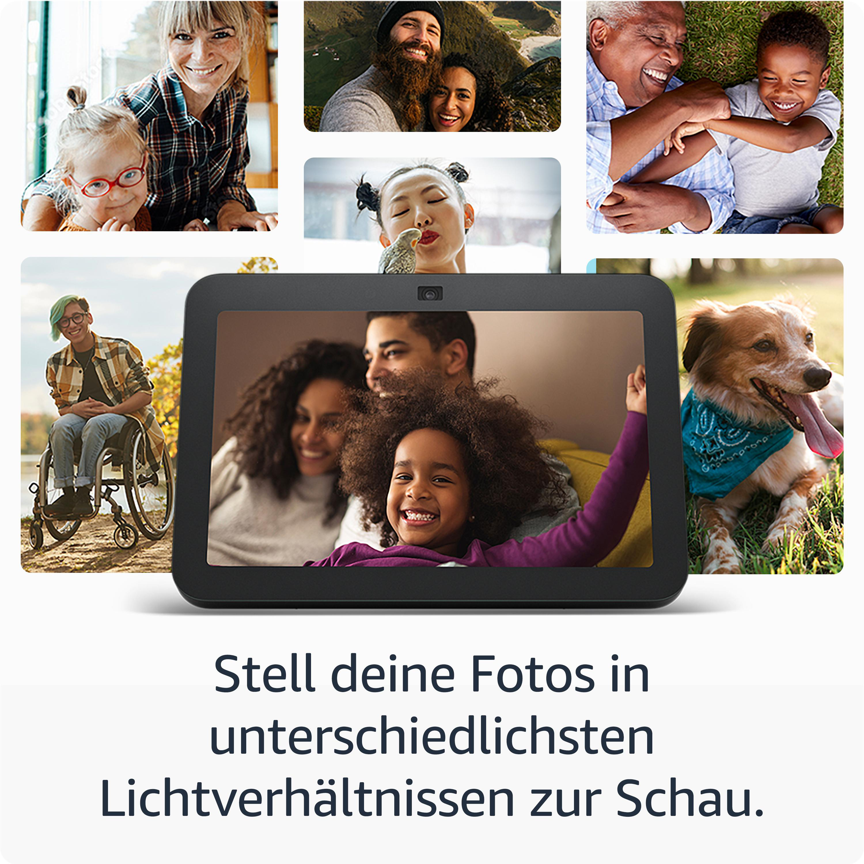 Ein Display mit Bildern von Menschen und einem Hund. Text unten: Zeigen Sie Ihre Fotos in verschiedenen Lichtverhältnissen.